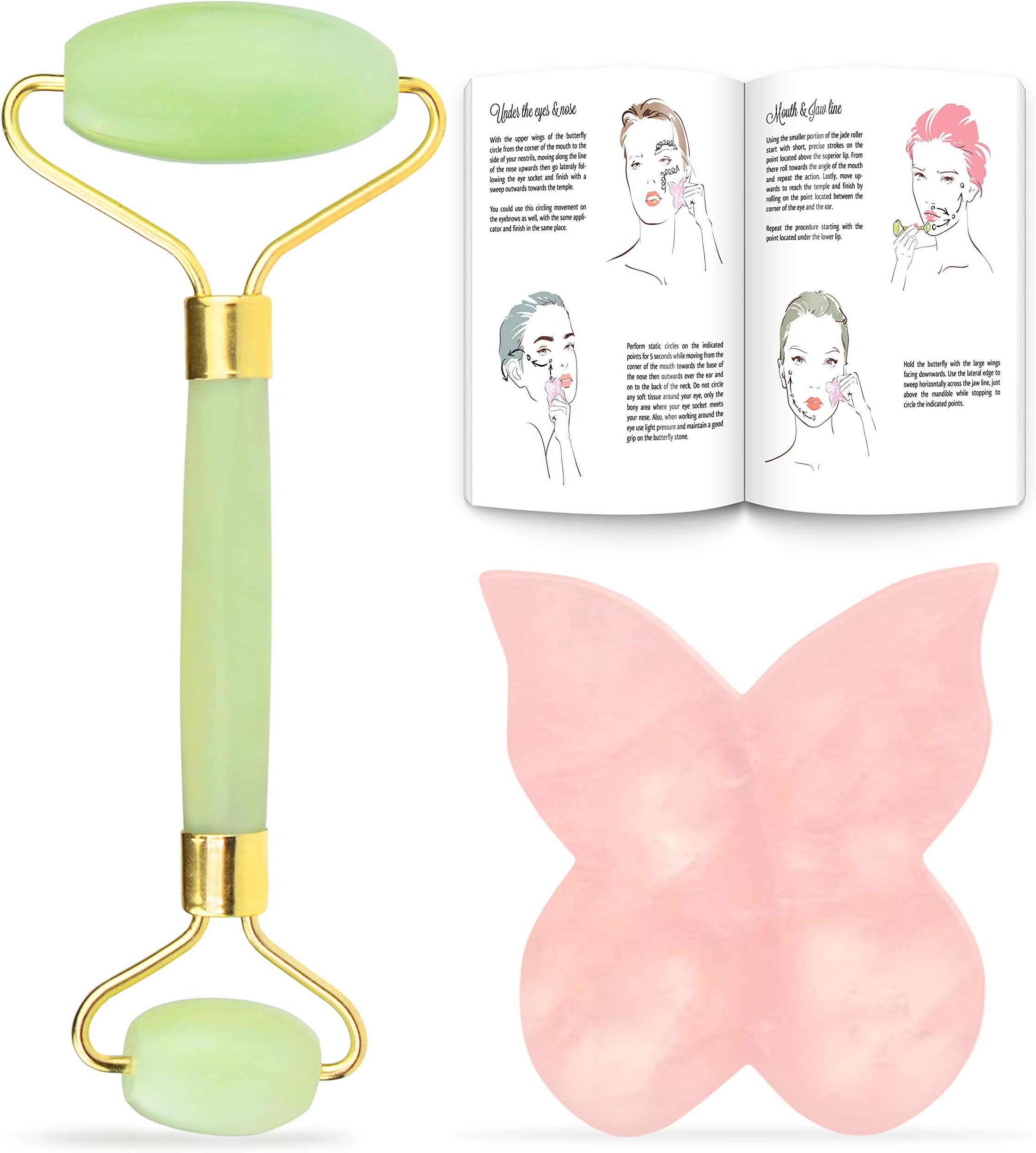 Jade Roller for Face - Rose Quartz Gua Sha Facial Massager Tool - Anti Aging Therapy 100% Natural
