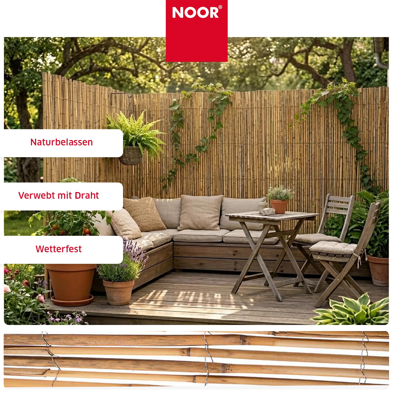 NOOR Schilfrohrmatte NIZZA - Sichtschutzmatte Schilfzaun - Natur 2,0x6,0 m | Natürlicher Sicht- & Windschutz aus Schilfrohr für Garten, Terrasse & Balkon - Zaunblende verwebt mit verzinktem Draht