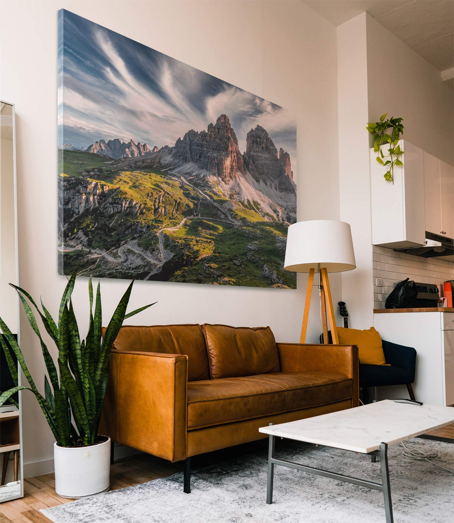 Atemberaubendes Berg Bild Dolomiten, 3 Zinnen Südtirol - als 90x60cm große XXL Leinwand. Wandbild als Hintergrund und Deko für Wohnzimmer & Schlafzimmer. Fertig aufgespannt auf 4cm Holz-Keilrahmen