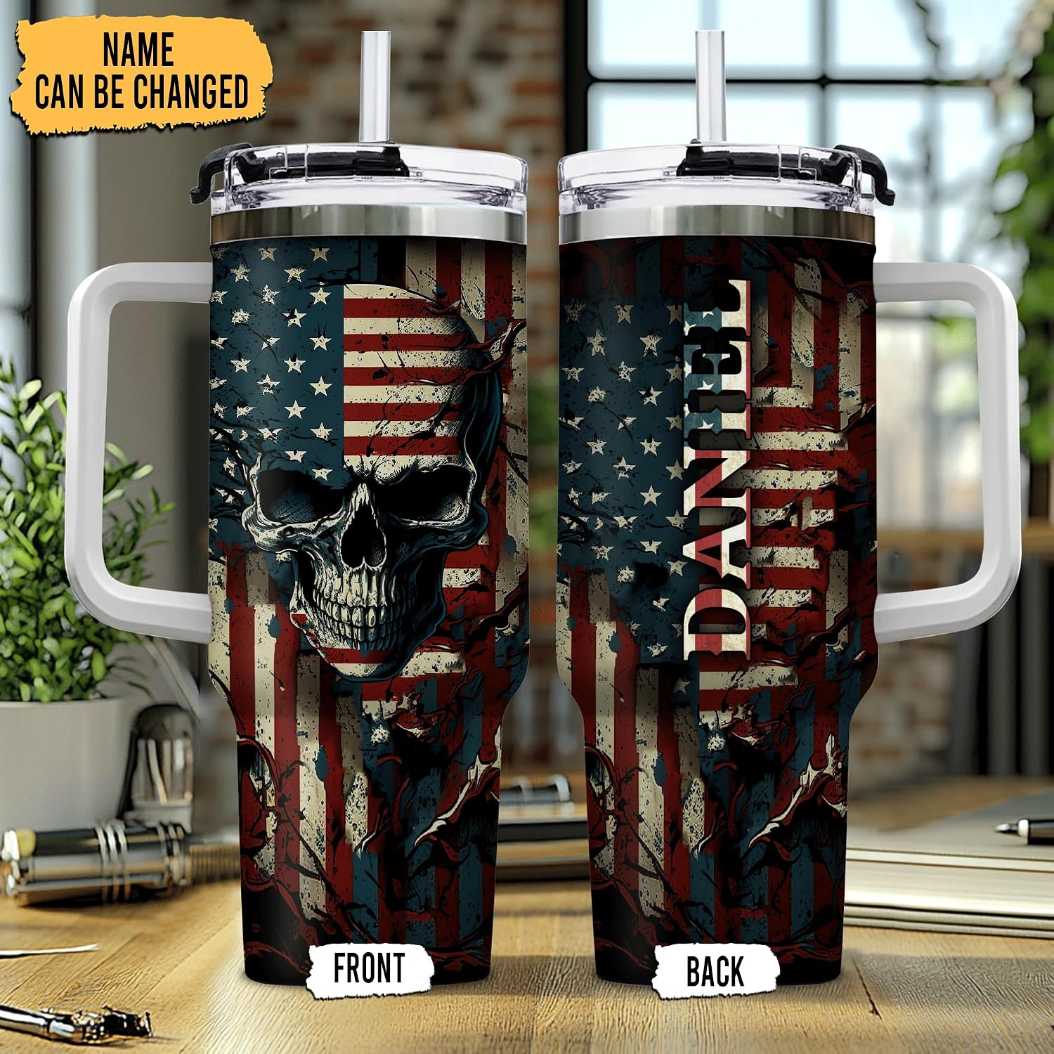 Hyturtle Personalized Skull 40oz Tumbler with Handle and Straw Gifts for Skull Lovers, American Flag Skulls Gifts for Him Men on Birthday Christmas Halloween, Custom Name Stainless Steel Travel Cup