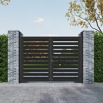 Aluminum Double Fence Gate, 5FT H x 6FT W Outdoor Driveway Privacy Gate with Heavy Duty Metal Frame, Rustproof Powder-Coated Gate with Lockable Handle Kit, Horizontal Slat Without Post