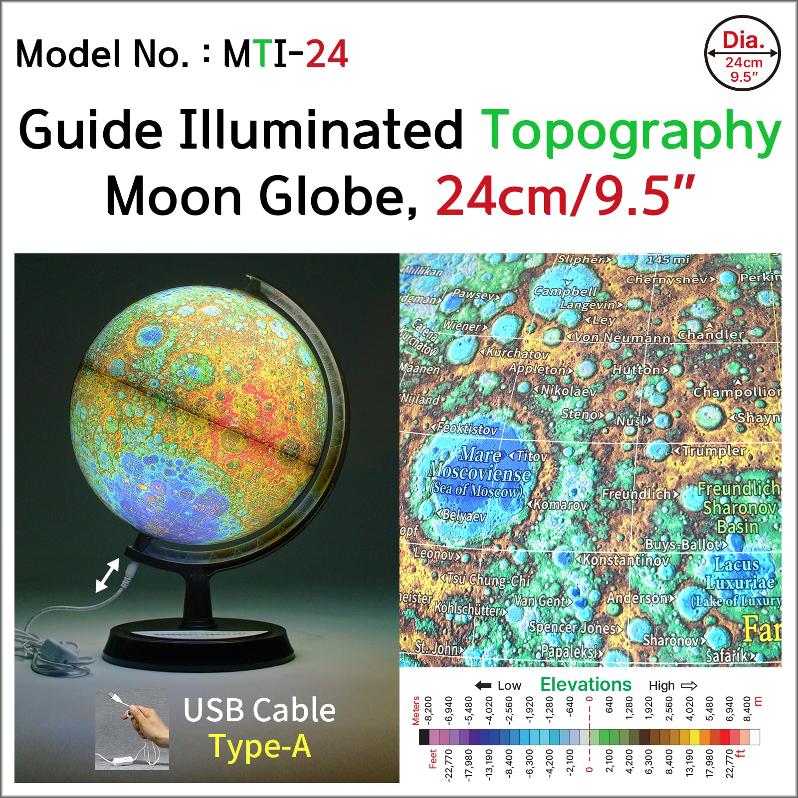 Mapsoft MTI-24 - Mappamondo con topografia illuminata, 24 cm