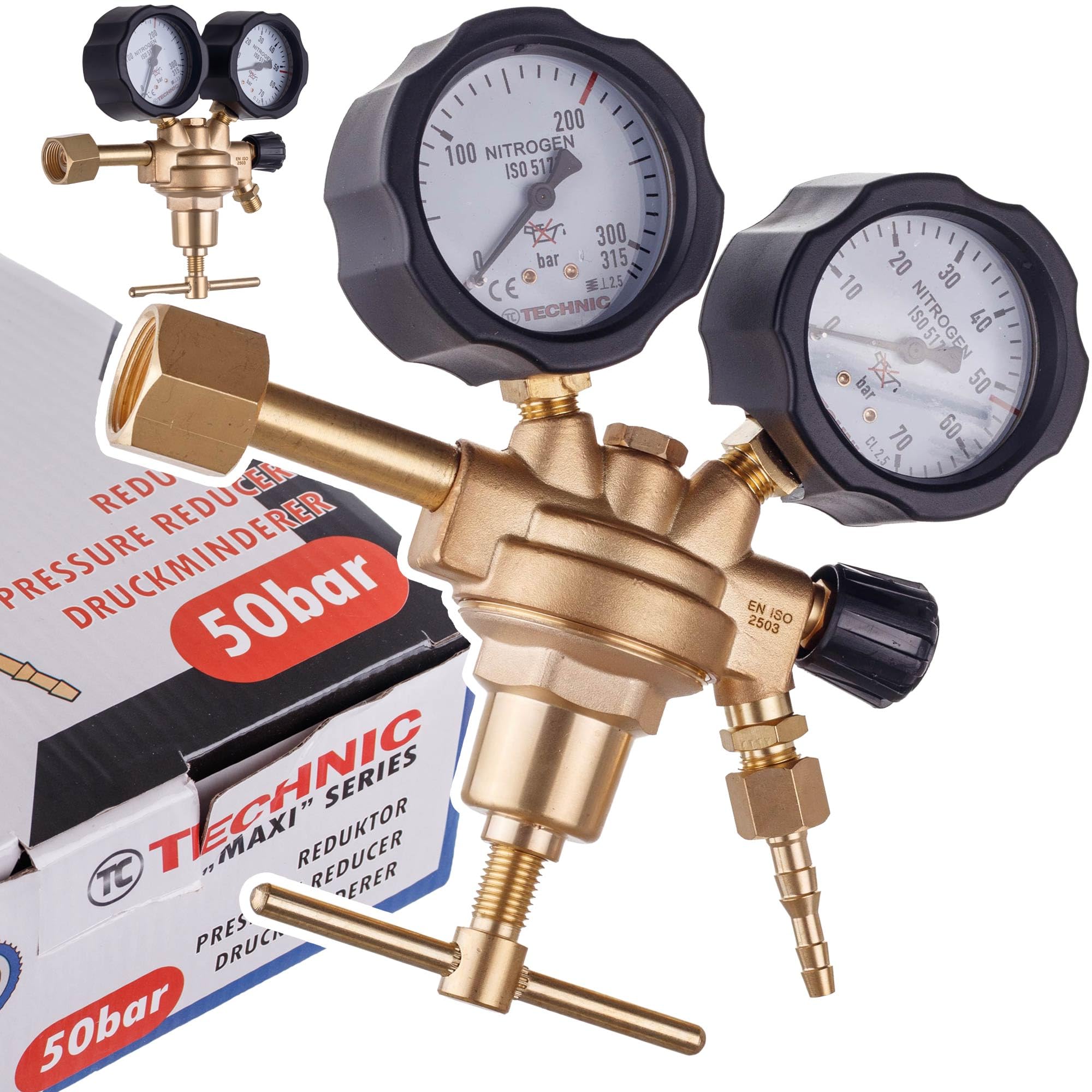 TC TECHNIC Régulateur de pression d'azote 50 bar 0013-NH - Régulateur de gaz avec 2 manomètres - Boîtier en laiton - 40 m³/h