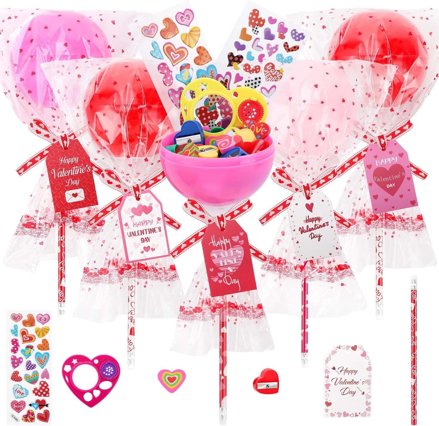 Valentines Day Gifts, 24 Set Giant Lollipop-Shaped Stationery Set with Pencils Erasers Pencil Sharpeners Stickers Greeting Cards Tags Kaleidoscope Rulers for Office Exchange Gift Party Favors