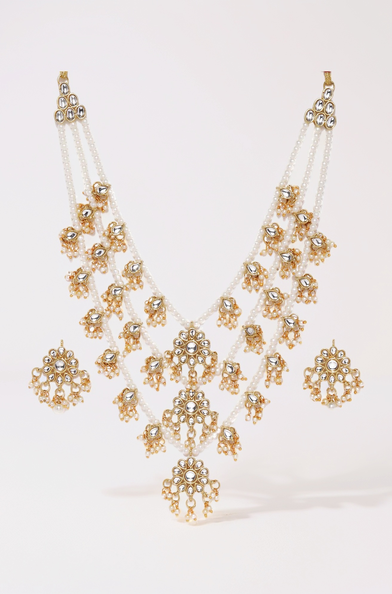 Ethnic Kundan & Pearls Multi Layers Bridal Necklace Set For Women-ZPFK8689