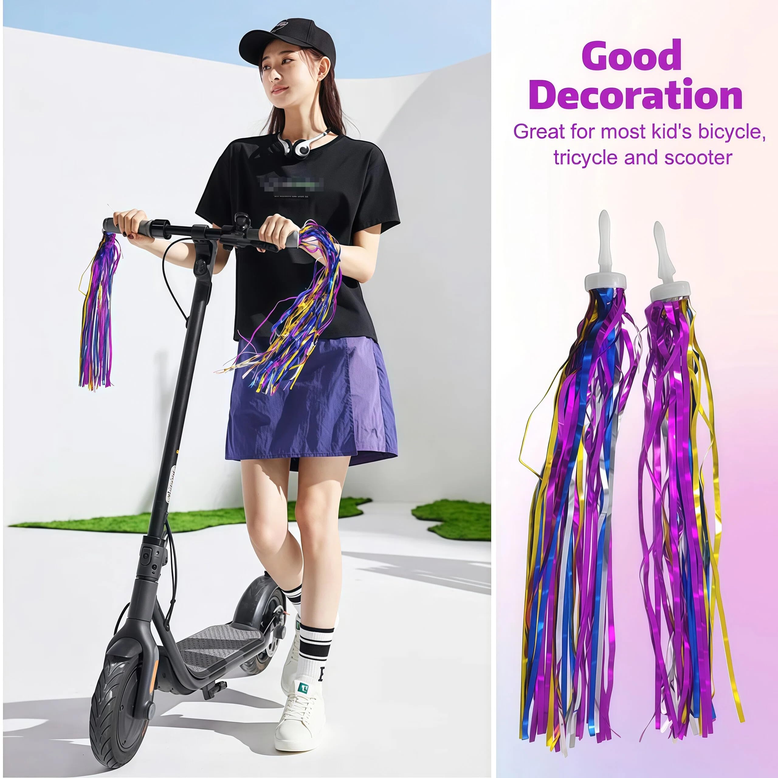 ARTSEWPLY Lot de 4 Rubans de Guidon pour Vélo Garçon et Filles Banderoles Cyclistes Holographiques Bleu et Rose Accessoires Décoratifs Pompons pour Trottinette et Tricycle Compatible