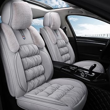 AOOG Fuzzy Car Seat Covers, Heated Bench Back Cushion Protector for Cars SUV TrucksFront Pair,Grey