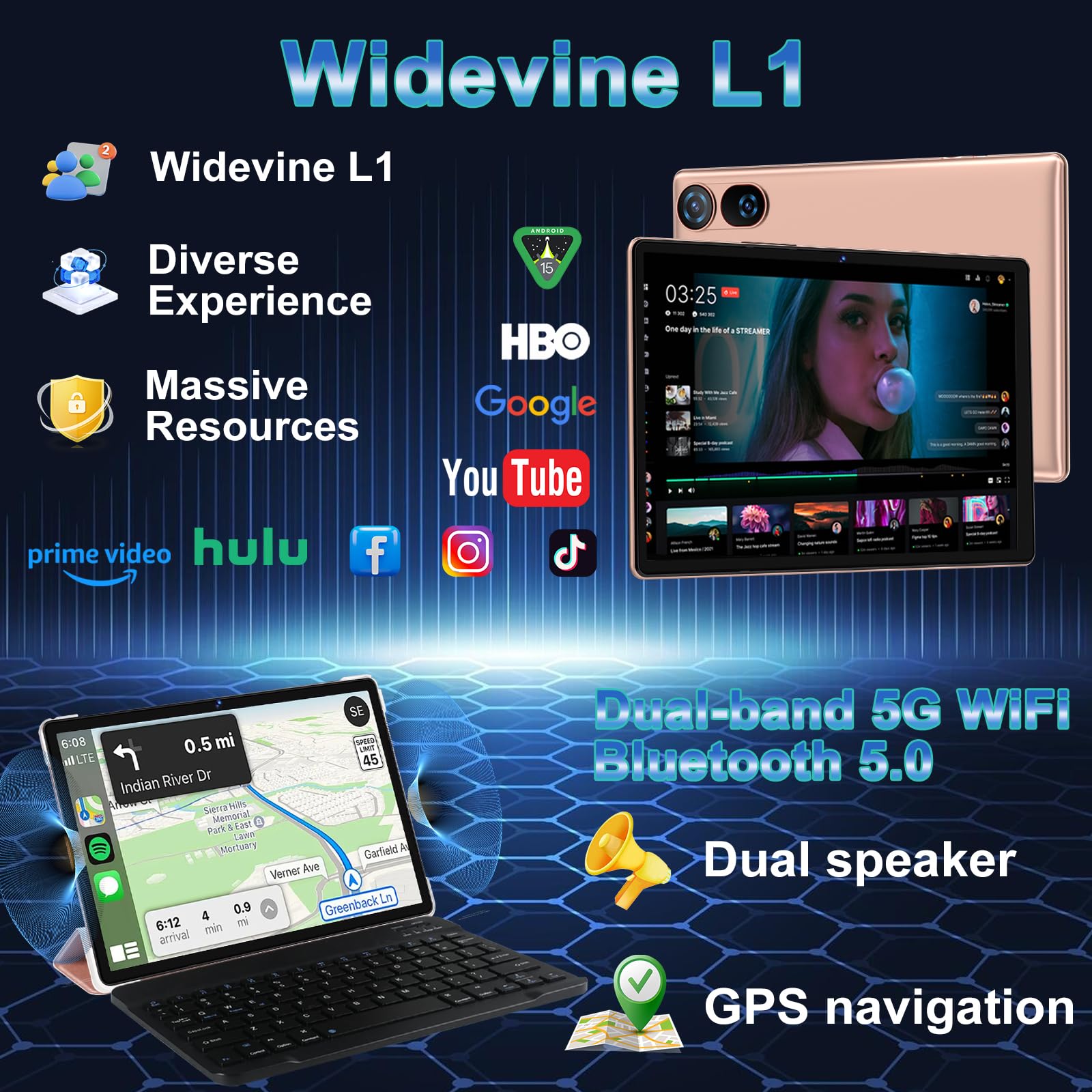 DMOAO Tablet 10 Pulgadas Android 15 con Gemini AI, 30 GB RAM + 2 TB ROM Expansión, 5G WiFi, GPS, Widevine L1, Octa-Core, BT 5.0, 6000mAh, USB-C, FHD Tablet con Teclado+ Ratón + Funda, Negro — view 6