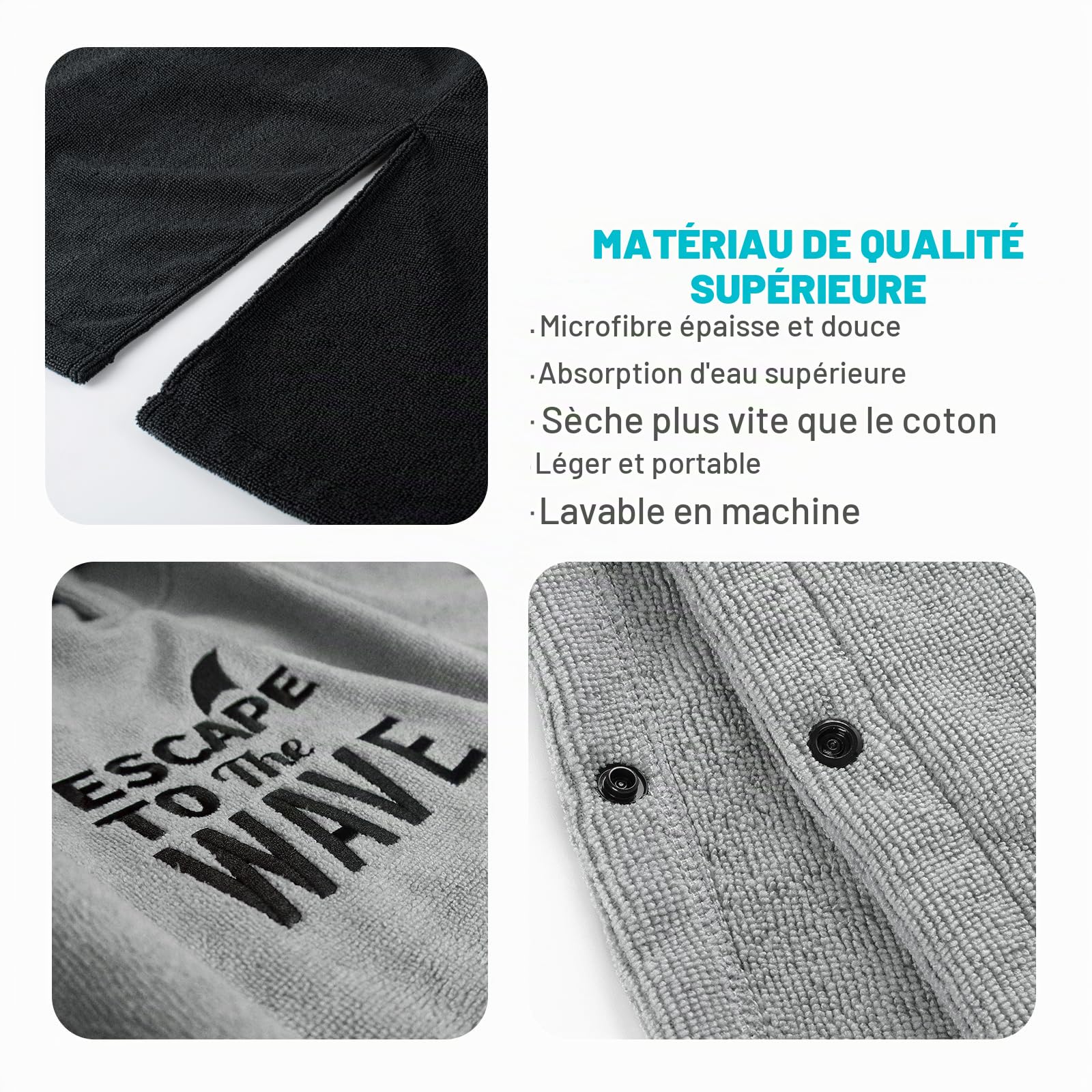 Vulken Peignoir de bain/poncho à capuche Extra Large Pour femme et homme En Microfibre Pour Plage Piscine Lac Parc aquatique, Gris noir - L/XL., L-XL