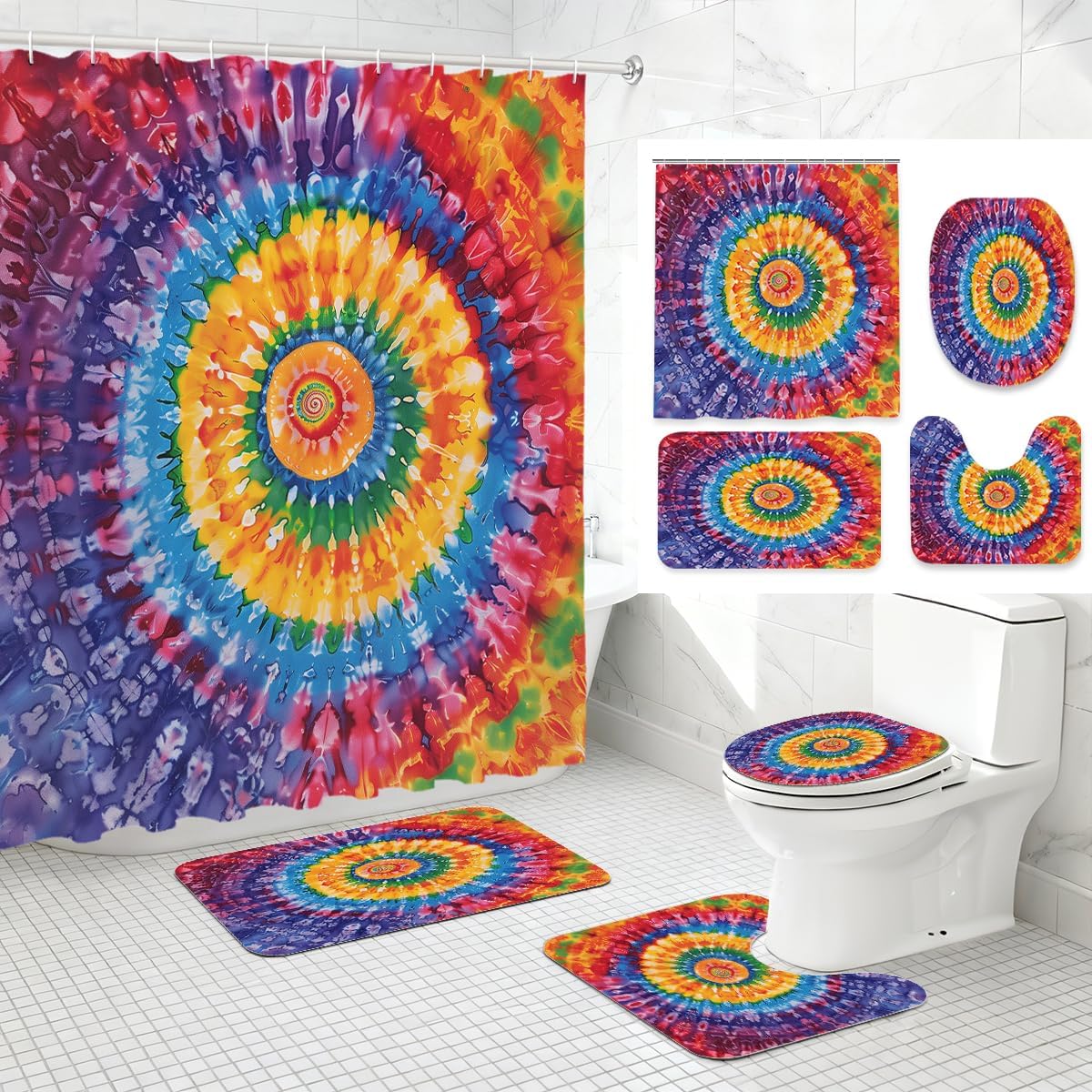 4 Piece Tie Dye Shower Curtain Set with Non-Slip Rugs, Toilet Lid Cover, Bath Mat Boho Psychedelic Swirl Rainbow Hippie Bathroom Decor with 12 Hooks, 72 x 72 Inch