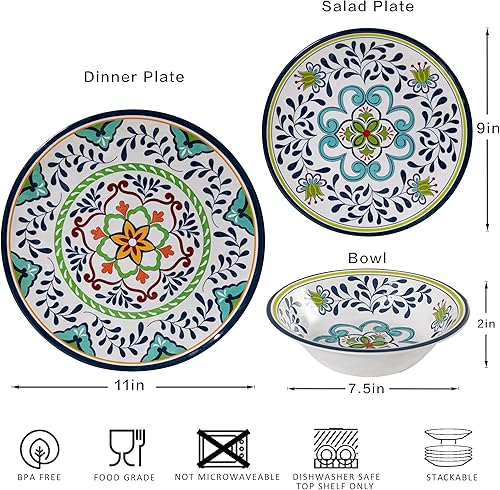 Miniatura 6 de ZAROCRUS Talavera - Juego de 4 platos y cuencos de melamina ligeros de 12 piezas, juego de platos irrompibles, ideal para caravanas, campamento, sin