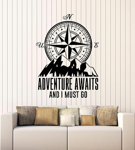 Miniatura 1 de Vinilo adhesivo de pared Adventure Awaits Compass Inspiring Words Pegatinas Mural Decoración grande (g3396) Negro