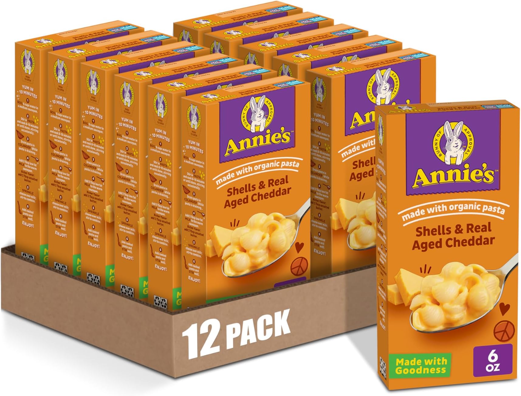 Annie's Shells and Real Aged Cheddar Mac and Cheese with Organic Pasta, Made with Real Cheese, Dinner Side or Snacks, 6 oz (Pack of 12)