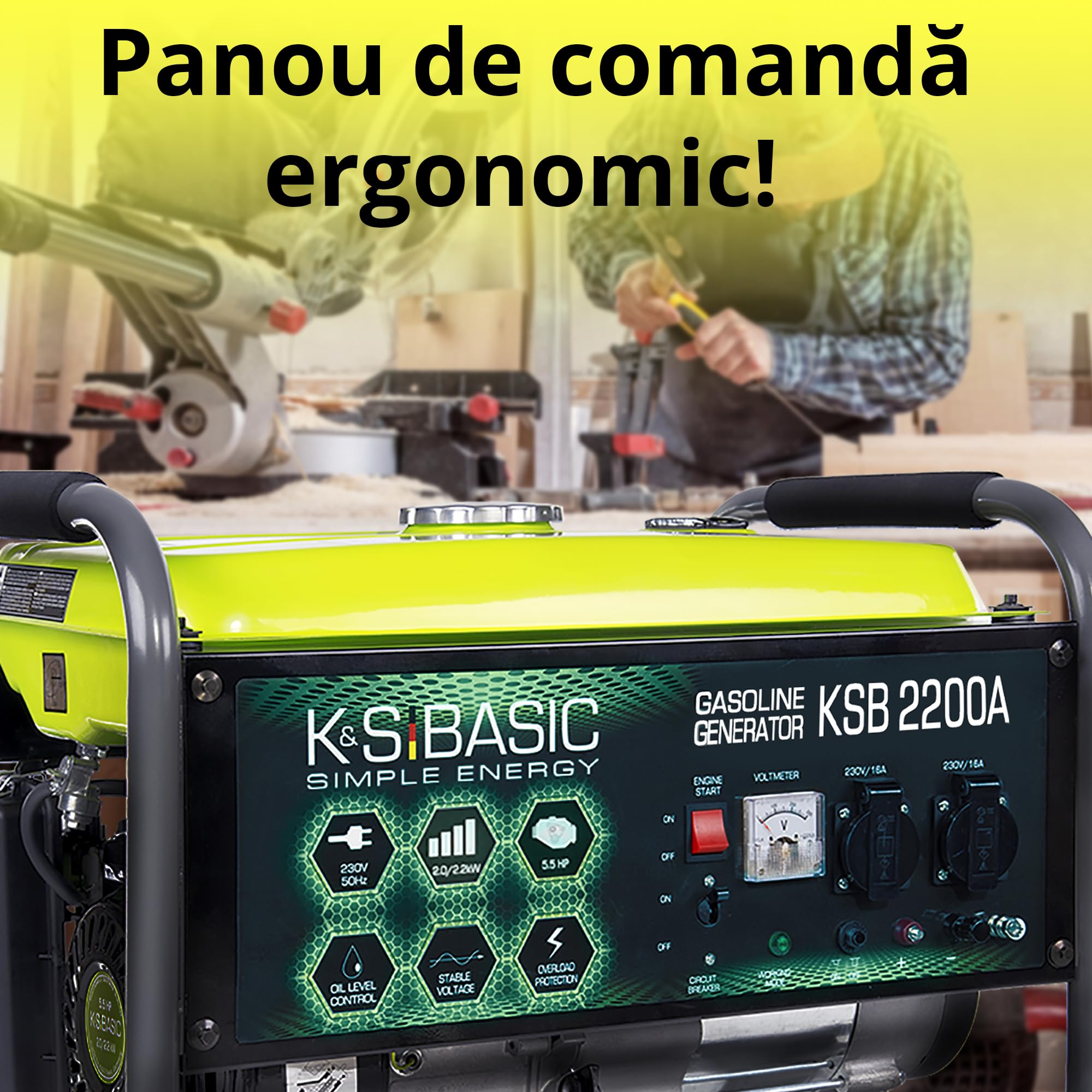 Generador de gasolina KSB 2200A con la potencia de 2200 W, arranque manual, regulador automático de voltaje (AVR), voltímetro, 2 x Schuko 230 V, salida 12V, alternador con bobinado de aluminio