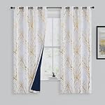 FMFUNCTEX 100% Rideaux noir pour Chambre Gold Foil sur Rideaux blancs 63 Inches Long for Living Room Tree Branch Rideaux métalliques Chambre isolée thermique Darkening Drapes 2 Panneaux Grommet