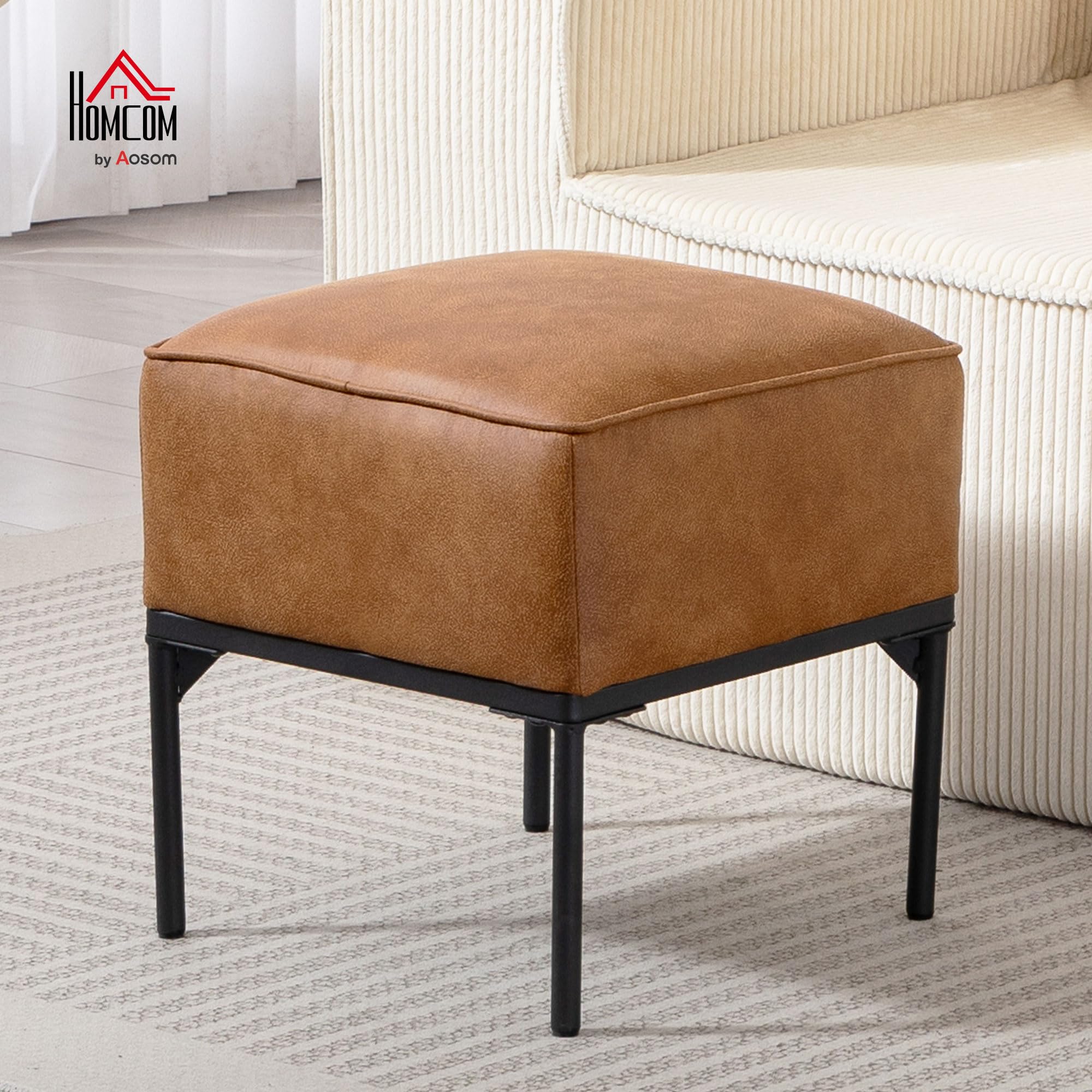 HOMCOM Reposapiés Salón Taburete Bajo Moderno Otomana 40x40x46 cm Marrón | Asiento Acolchado Grueso, Patas de Acero, Cuero Sintético, Otomana de Dormitorio, Carga 120 kg, para Entrada, Pasillo