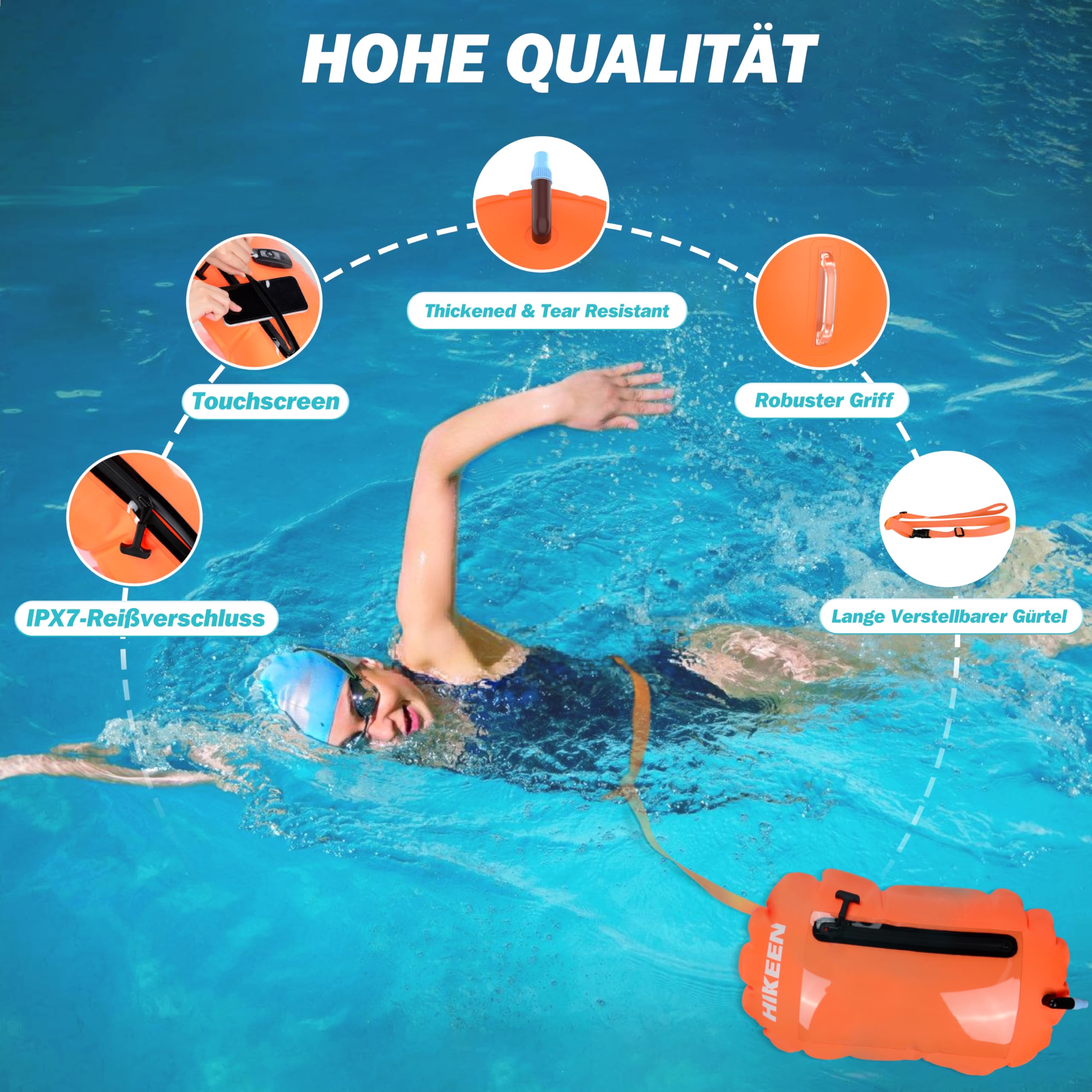 BOOSTEADY Schwimmboje Trockensack IPX7 Wasserdicht mit Touchscreen-Handyfach – Aufblasbare Swimming Buoy für Triathlon, Schnorcheln & Freiwasserschwimmen