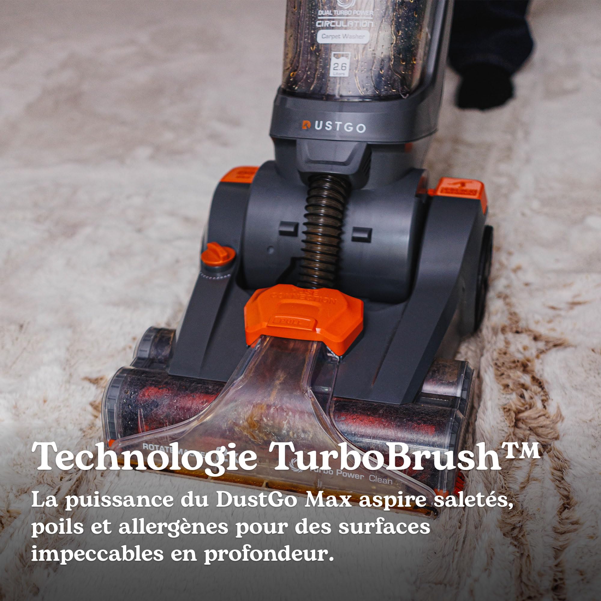 DUSTGO Dustgo Max, Shampouineuse Alfombra/Moquetas, Sofá & Colchón – 800 W, doble depósito 2,6 L/1,3 L, cepillo Turbo giratorio, manguera flexible, cable 7,2 m – Detergente offert.