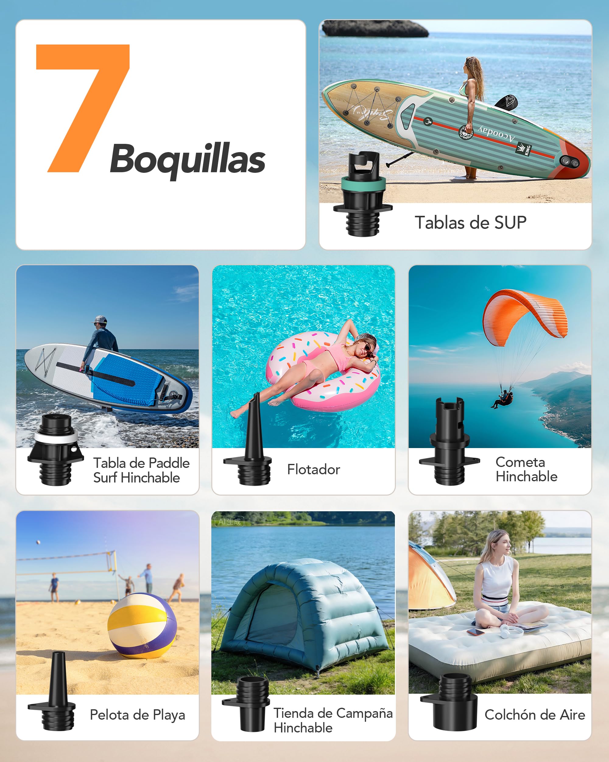 Bomba Eléctrica Sup 20 PSI, Inflador Paddle Surf Electrico | Parada Automática, Doble Pantalla Digital, Inflado/Desinflado, 7 Boquillas para Tablas de Sup Kayak Colchón Tienda Inflable