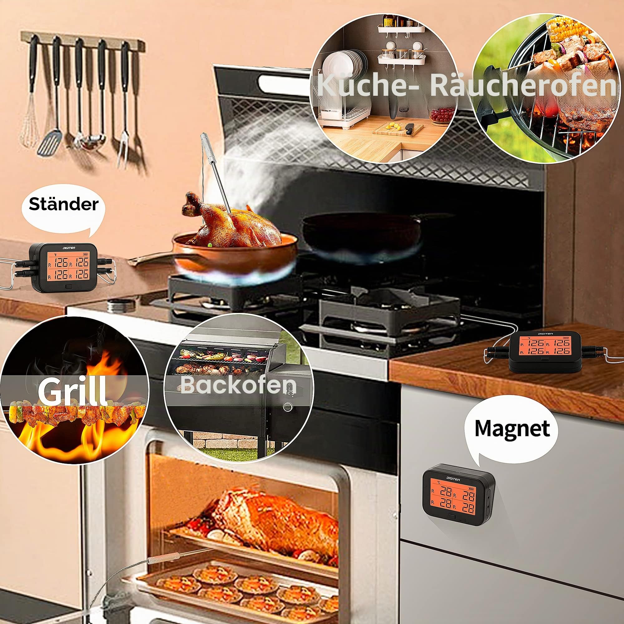 DIGITEN Bluetooth Grillthermometer Kabellos Fleisch- und Lebensmittelthermometer mit 4 Sonden BBQ-Smoker Thermometer Sofort Ablesbar Wiederaufladbar