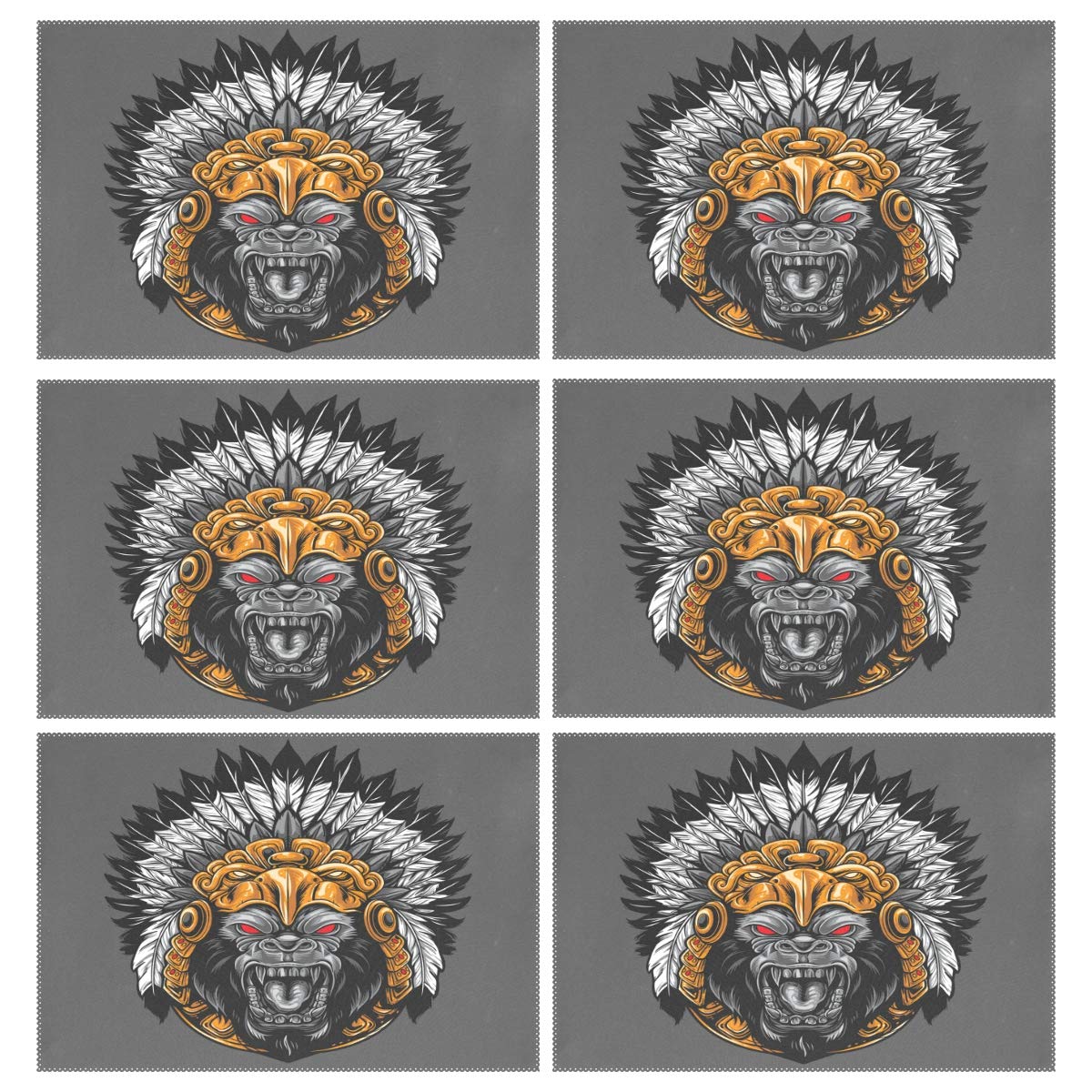 set di 6 tovagliette all'americana Angry Gorilla azteco, antiscivolo, resistenti al calore, durevoli, lavabili