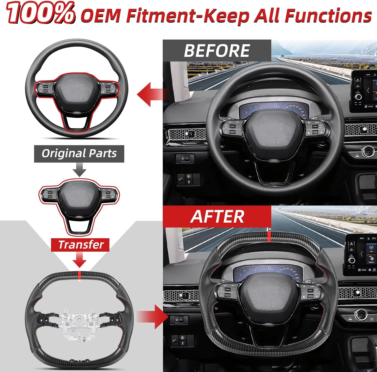 Carbon Fiber Style Steering Wheel for Honda Civic 11th Gen 2022-2026 Si Type R FL5, Integra Acura 2023-2026, F1 Racing Double Flat Shape, Red Stitching Hydro Dip Glossy Finish, No Heating