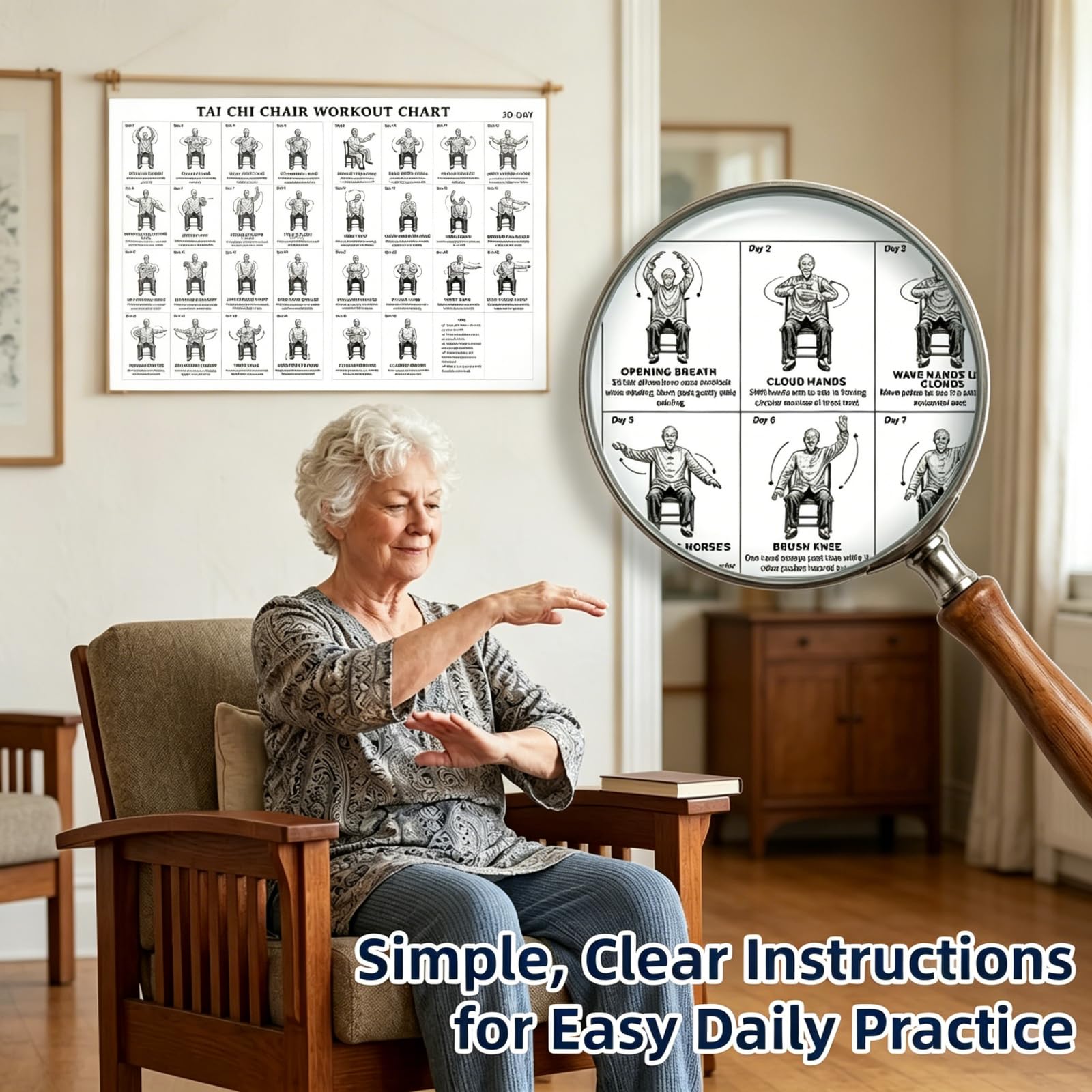 Tai Chi Chair Workout Chart, Chair Tai Chi for Seniors Wall Chart – 30-Day Seated Tai Chi Routine, Seated Exercise Poster for Beginners, Home Gym Decor, Unframed 2-Pack (10x8 Inch) - 3