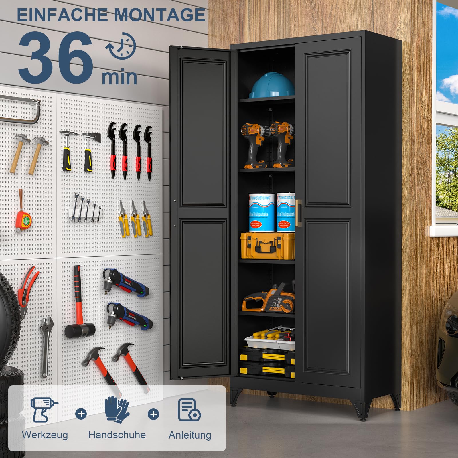 Metallschrank,190 x 80 x 40 cm Aktenschrank mit 4 verstellbaren Einlegeböden Stahlschrank Aufbewahrungsschrank mit 2 Türen Mehrzweckschrank für Schule Haus Büro Garage Schwarz