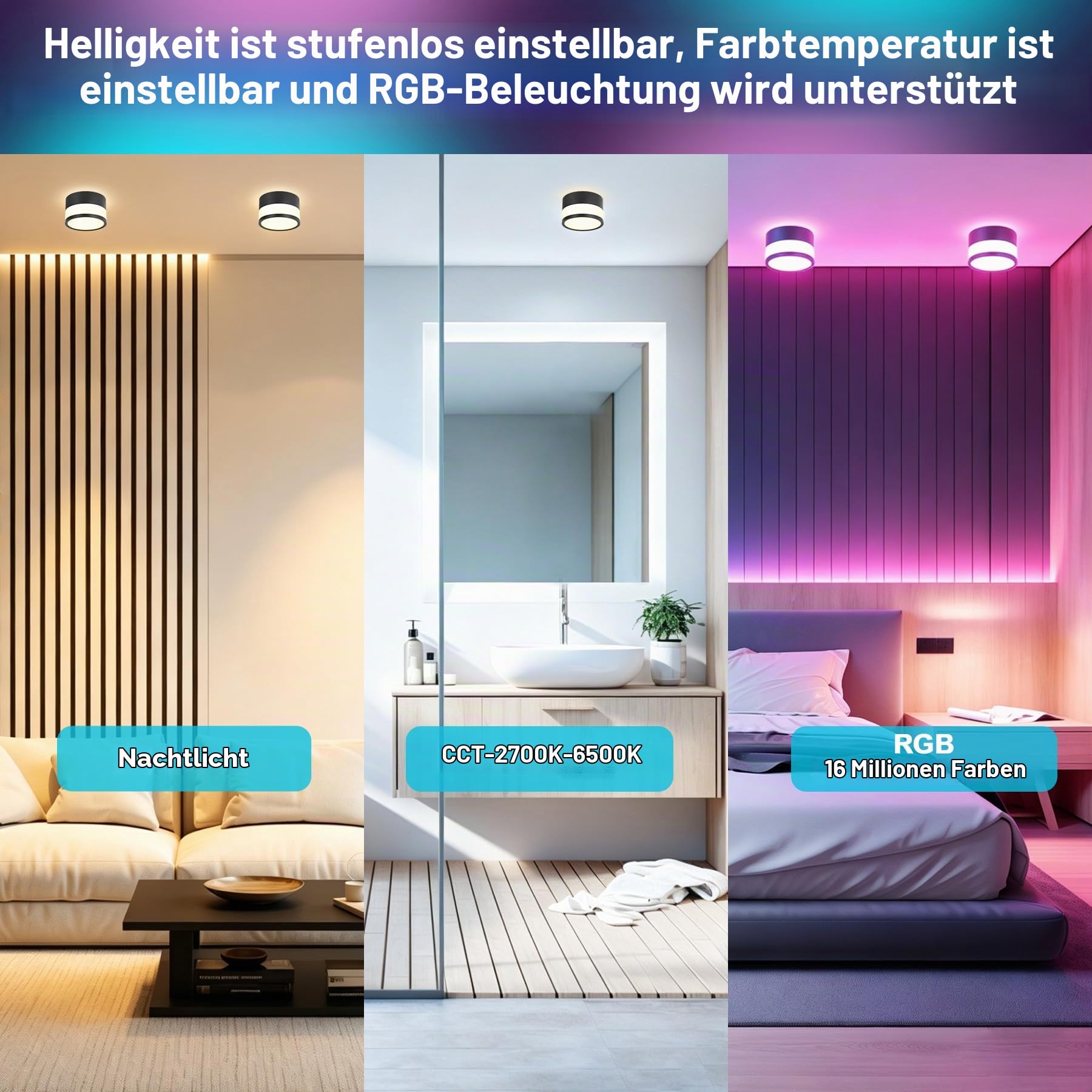 LED Aufbauspot RGB Deckenspots Aufputz IP65 Schwarz, 2 Stück | 12W, Deckenleuchte mit Fernbedienung APP, Dimmbar, 2700K-6500K, Flach, Aluminium, Rund Aufbaustrahler für Badezimmer, Ø10,9cm