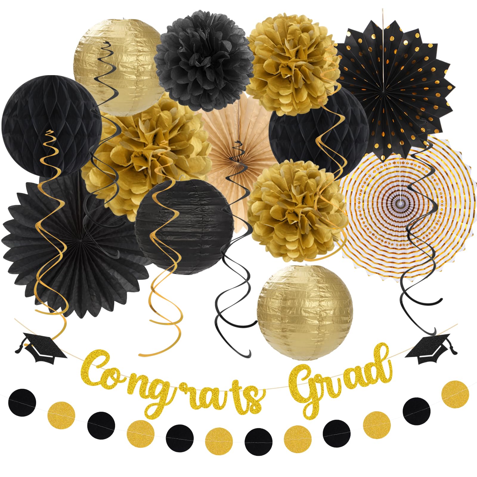 2026 Congrats Graduation Party-Decorations Banner-Streamers - 21pcs Black Gold Congratulations Grad Backdrop Decor,Tassel Garland,Tissue Pom Poms