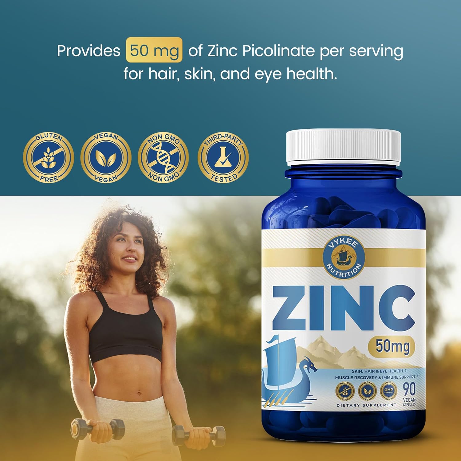 Vykee Nutrition Zinc Picolinate Capsules 50 mg - Helps Maintain Normal Hair, Skin, and Eye Health, Supports Muscle Function and Normal Immune Function - Vegan, Non-GMO, Gluten-Free - 90 Capsules