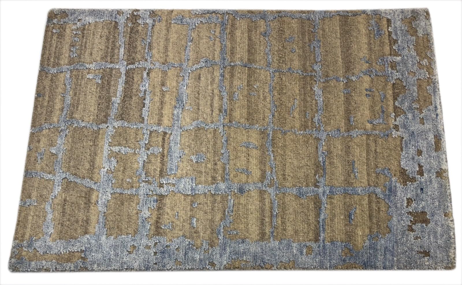 R116 Tapis design noué à la main - En laine de bambou - Beige et bleu - Brillant soyeux - 60 x 90 cm