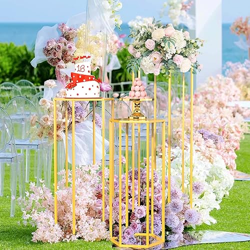 Miniatura 4 de Wokceer Soporte de pedestal hexagonal para fiesta, 35.43 pulgadas, juego de 3 mesas cilíndricas para fiestas, bodas, sala de estar, decoración de