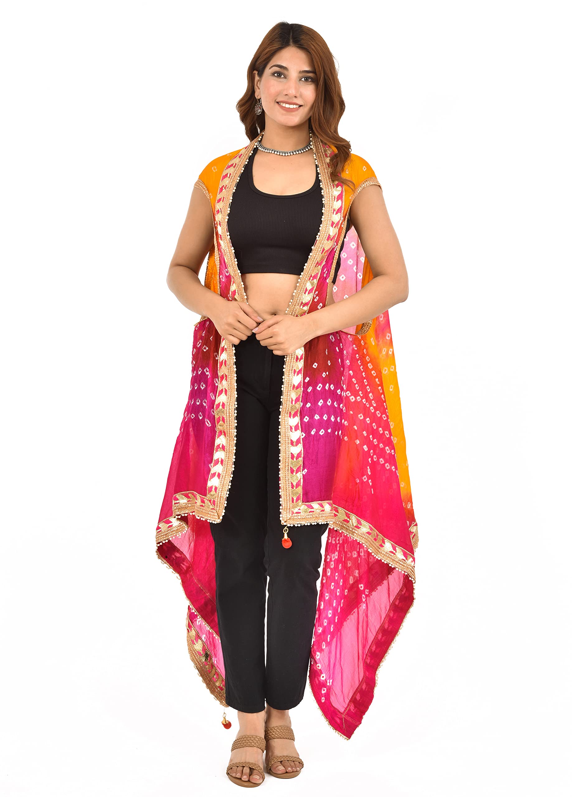 Jaipuri Rajasthani Shrug Women's Silk Bandhani Bandhej Multi-Colored Heavy Dupatta Shrug Style With Gota Work And Latkan-image-12
