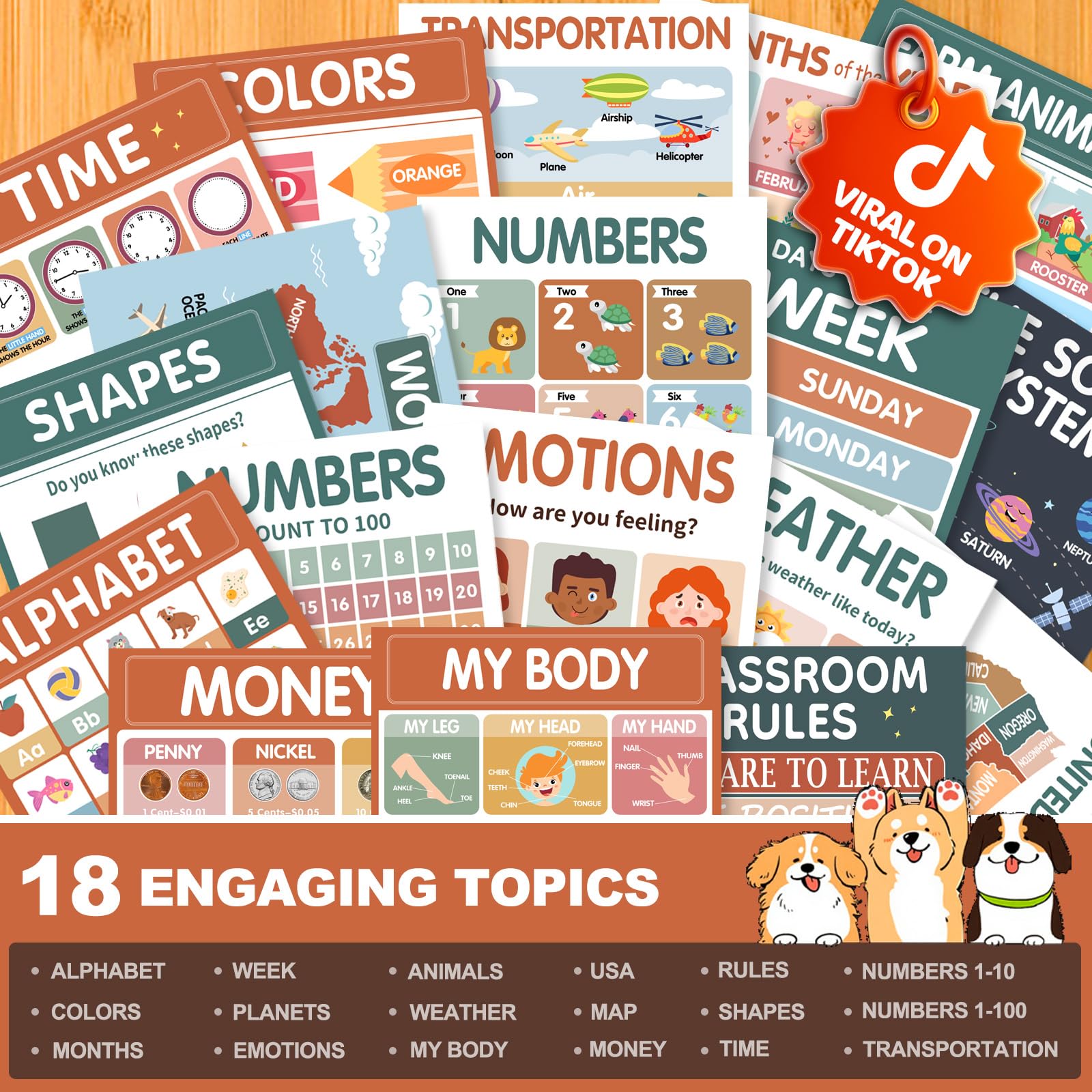 YKQuarnion 18 affiches éducatives bohèmes pour tout-petits de 1 à 5 ans – ABC, chiffres, couleurs et formes laminés pour l'école maternelle et la maternelle – Décoration de salle de classe (27,9 x
