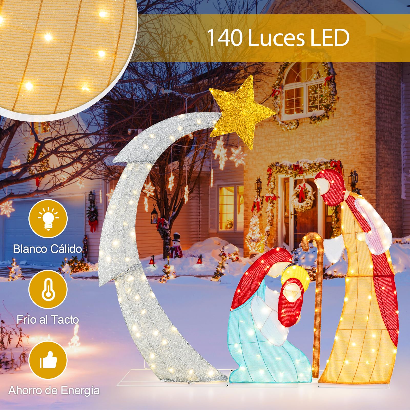 GOPLUS Belén de Navidad Exterior de 151cm, Adornos Navidad Exterior y Interior, Figuras de Portal de Escena con 140 Luces LED, luz Blanca cálida para Balcon (Jesús 151 CM)