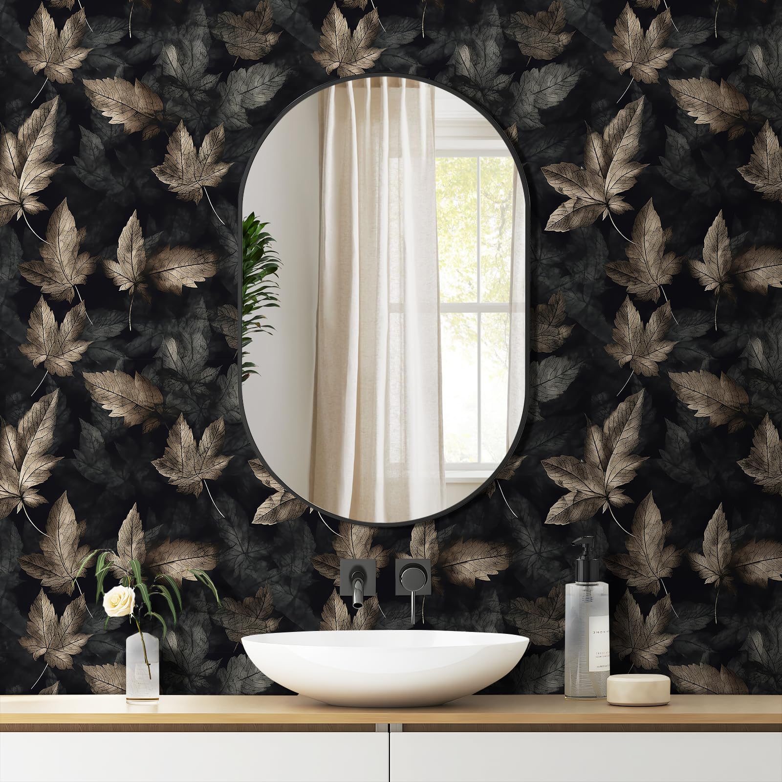 Livelynine 17.5x275 Black and Gold Leaf Peel and Stick Wallpaper Dark Botanical Wall Paper for Bathroom Bedroom Prepasted Art Deco Moody Vintage Contact Paper for Cabinets Walls Renter Friendly Decor
