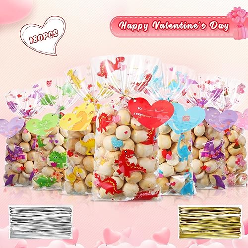 Miniatura 3 de Tellingyou 180 bolsas de celofán para el día de San Valentín, a granel, de plástico, con diseño de dinosaurio, dulces, con etiqueta de corazón,