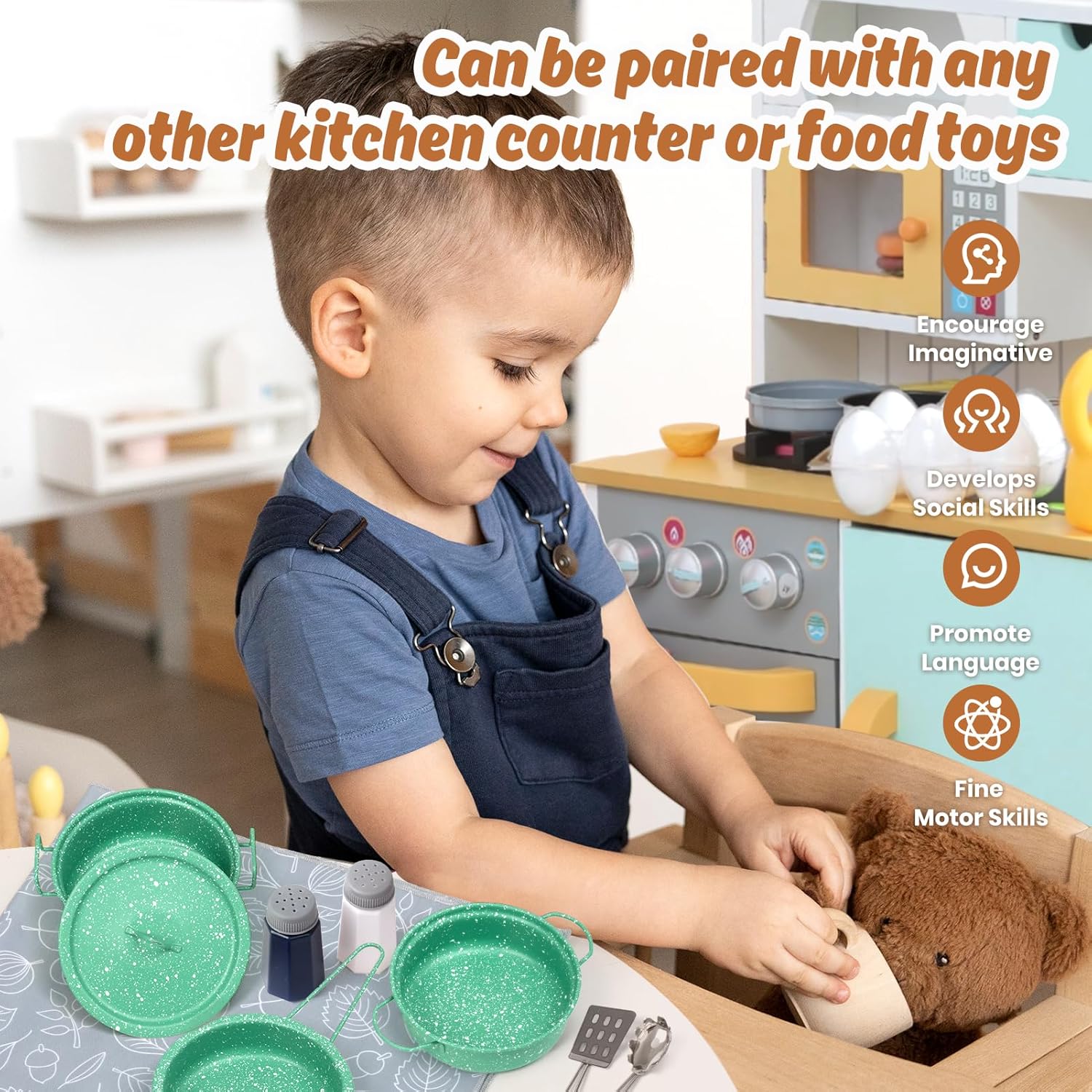 Kids Play Kitchen Toy Accessories Set Toddler Cooking Playset Colorful Stainless Steel Pots and Pans Birthday Gifts for 3+ Girls Boys (New Green)