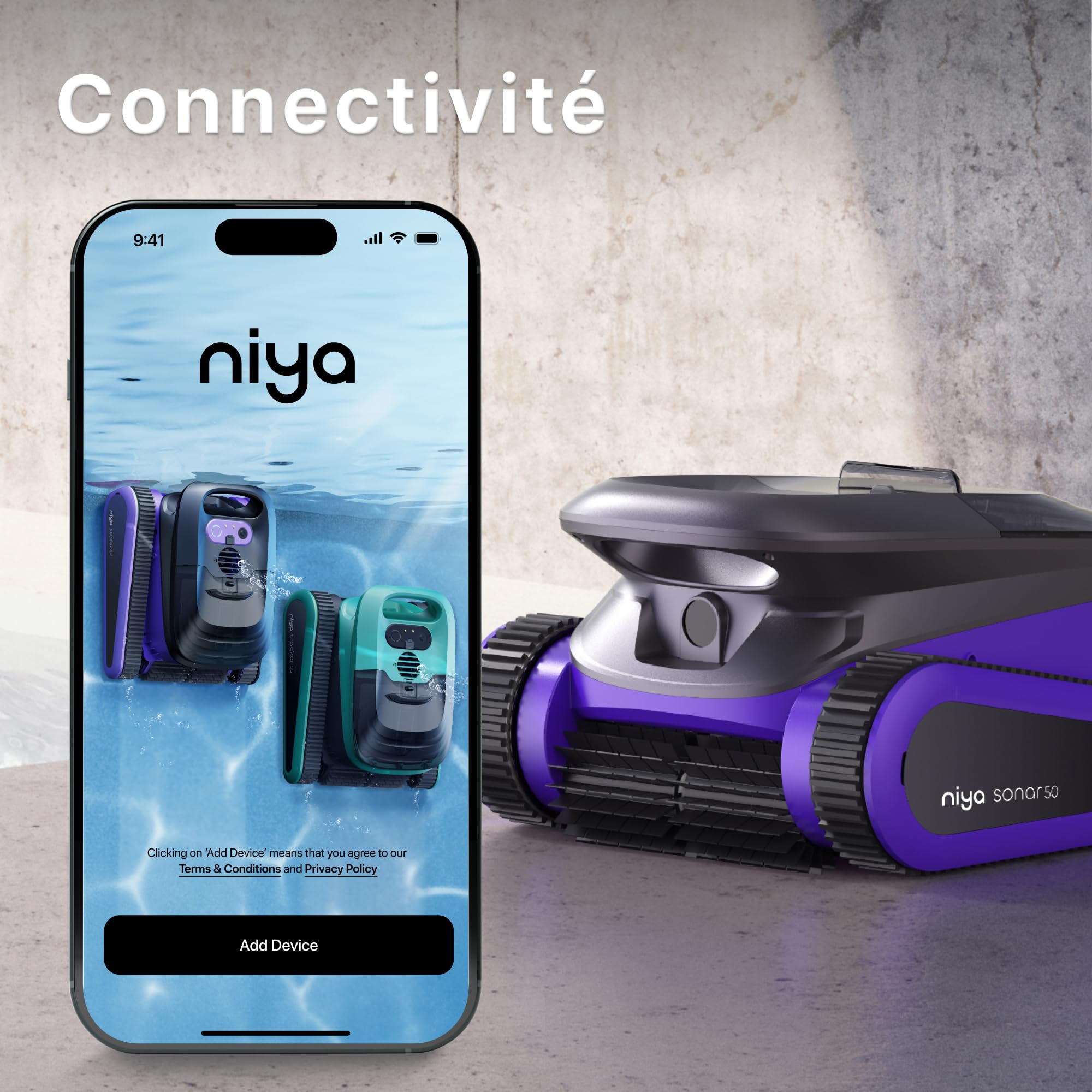 Niya Sonar 50 Robot Piscine sans Fil avec App, Navigation Intelligente, Nettoyage Ligne d’Eau, Système de Filtration Fine, pour Piscines Enterrées & Hors Sol Jusqu’à 12 m