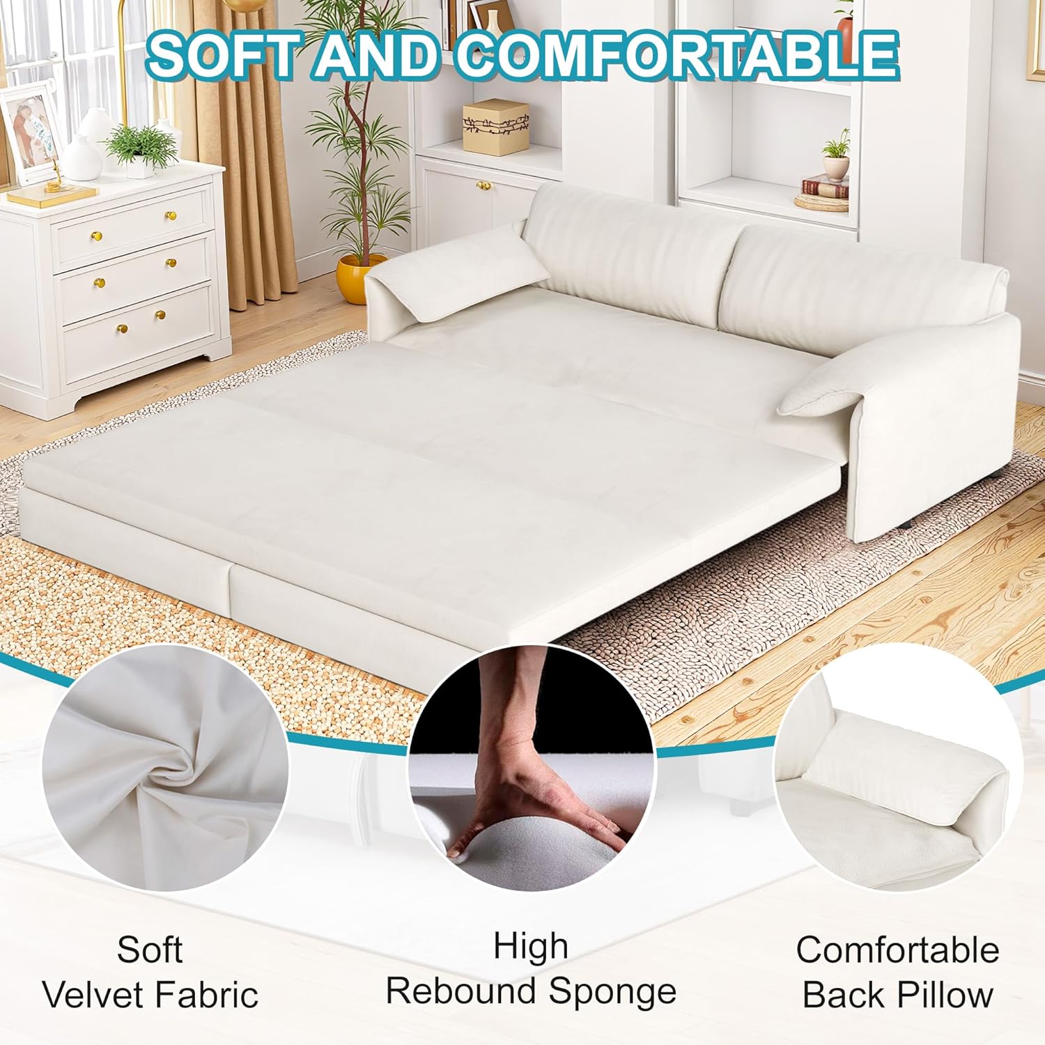 Queen Size Sleeper Sofa Bed, 3 in 1 Convertible Pull Out Couch 66 Inch Velvet Loveseat Sofa Couch Bed with Side Pockets for Apartment，Bedroom, Living Room, Beige