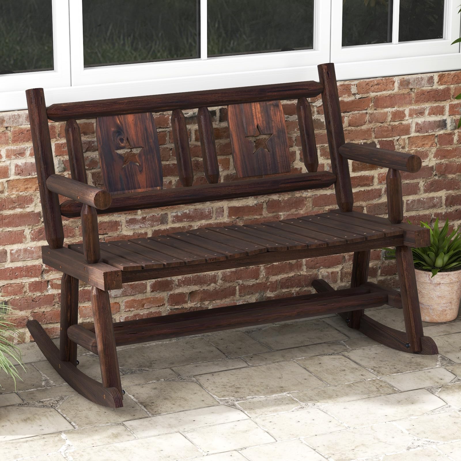 COSTWAY Banco Mecedora Jardin Exterior de 2 Plazas, Banco Madera Carbonizada con Respaldo y Reposabrazos, Banco Jardin Patio Terraza Porche, Carga 320 kg, 111 x 85 x 89 cm, Marrón Rústico