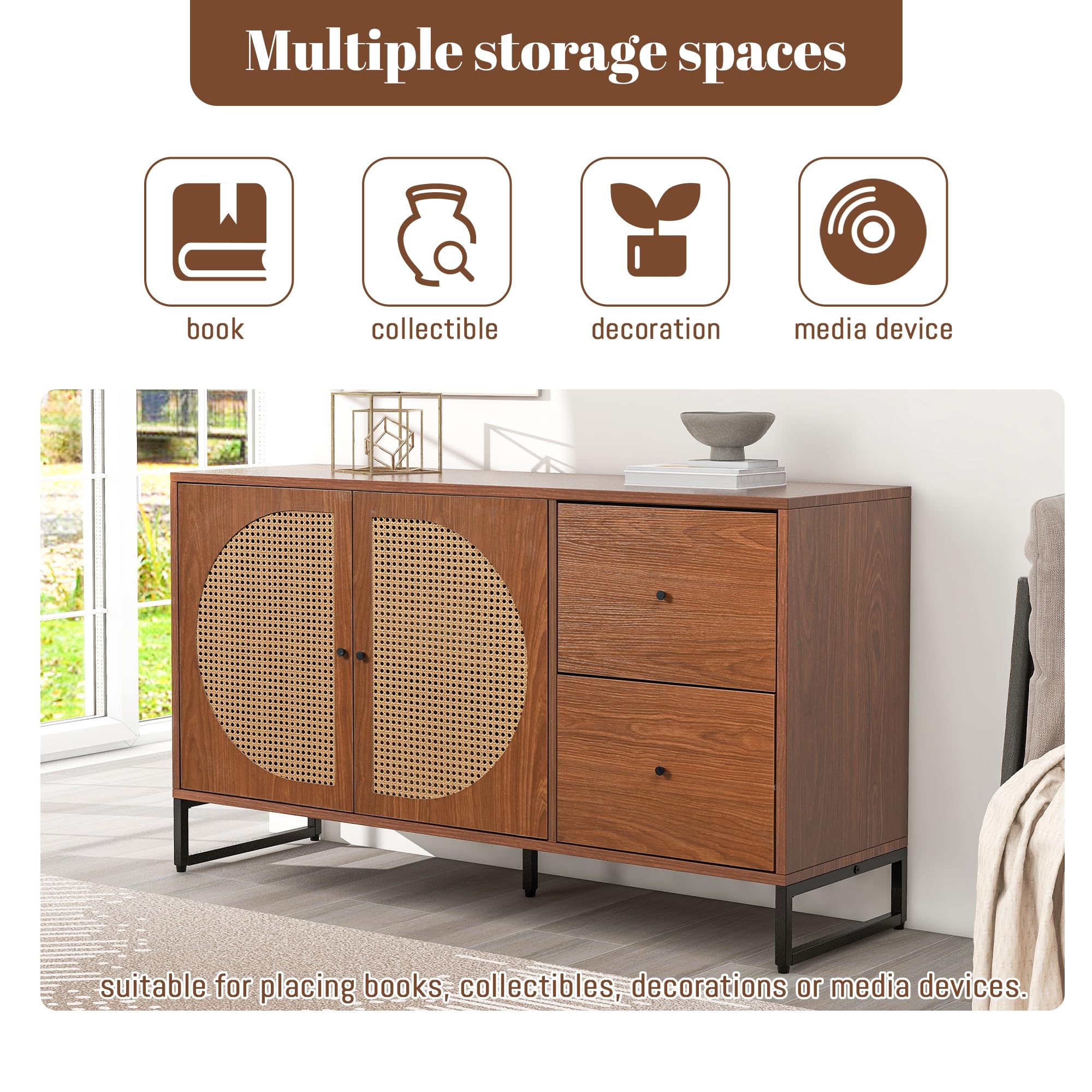 Dressoir Rotan Dressoir Woonkamer Massief Houten Opbergkast Zwart Walnoot Kleur Buffetkast Geschikt for Woonkamer, Restaurant, Koffiebar Moderne opbergkast(M:140 * 40 * 87.5cm