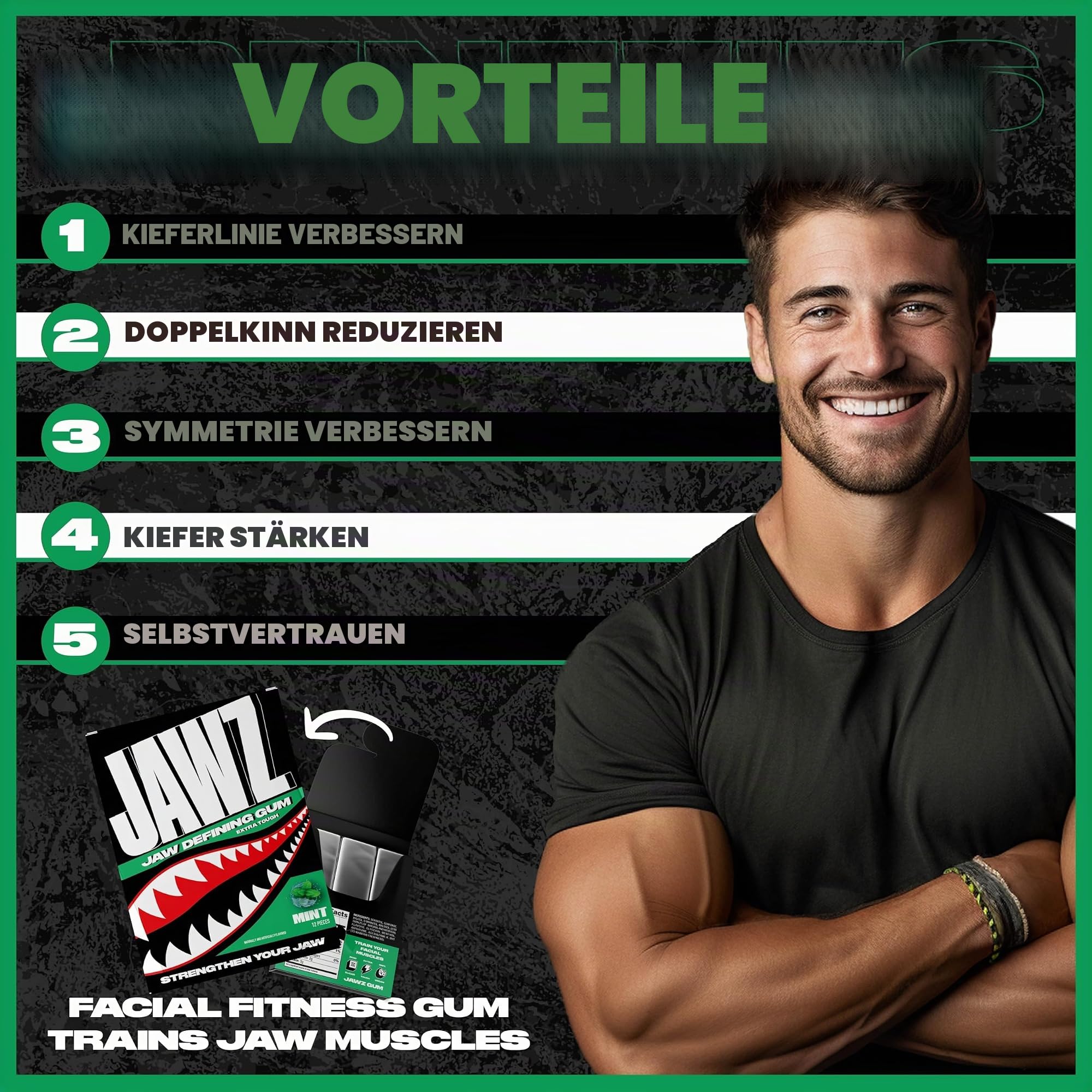 Kieferdefinierender Kaugummi – Hartkiefer-Fitness-Trainingsgerät zur Formung des Kiefers und Reduzierung des Doppelkinns – 10er-Pack Box (Mint)