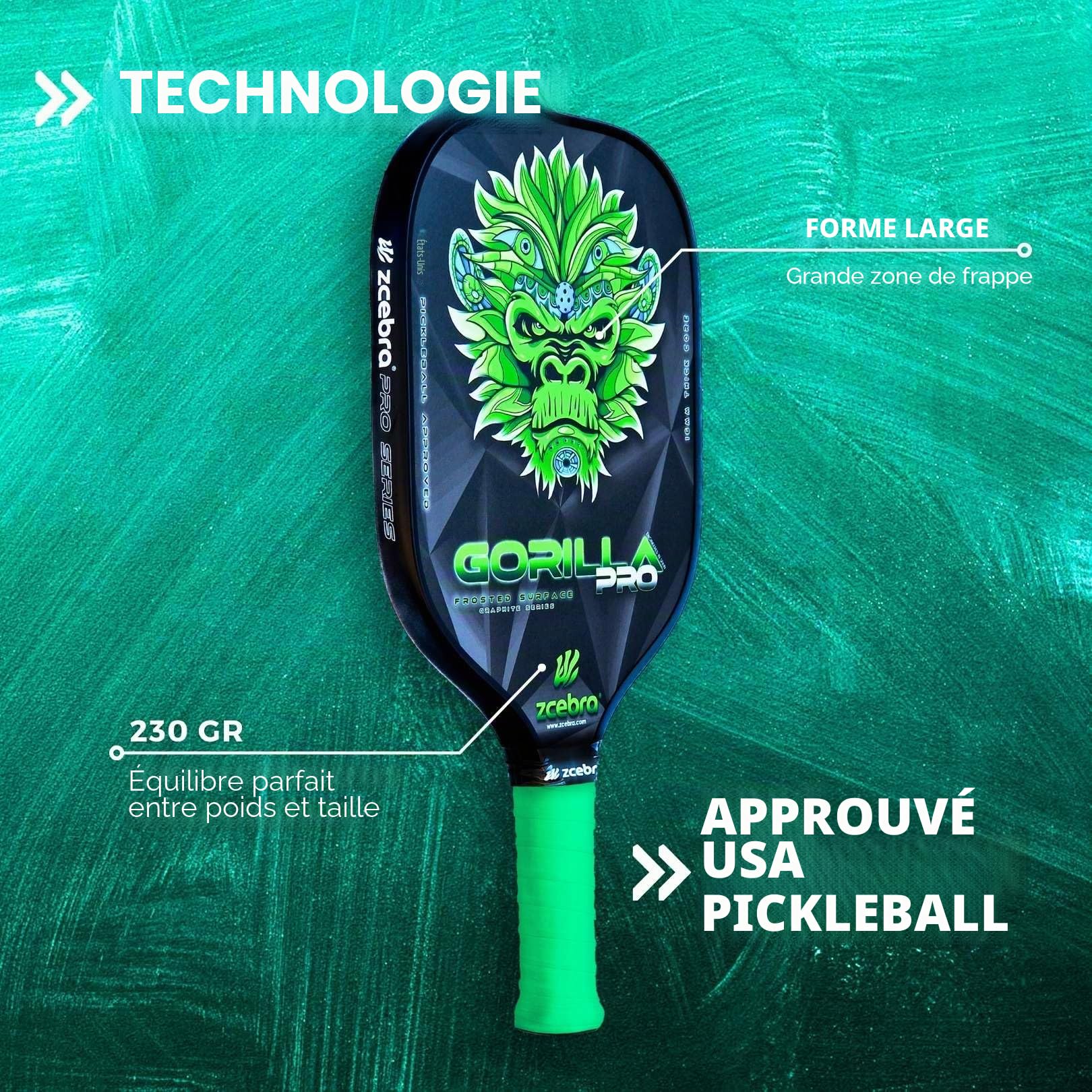 Pickleball Paddle Graphite – Raquette en Fibre de Carbone renforcé 16 mm d'épaisseur de Panneau d'abeille en polypropylène Texture Rugueuse – Set Housse en néoprène – Gorilla Pro Green