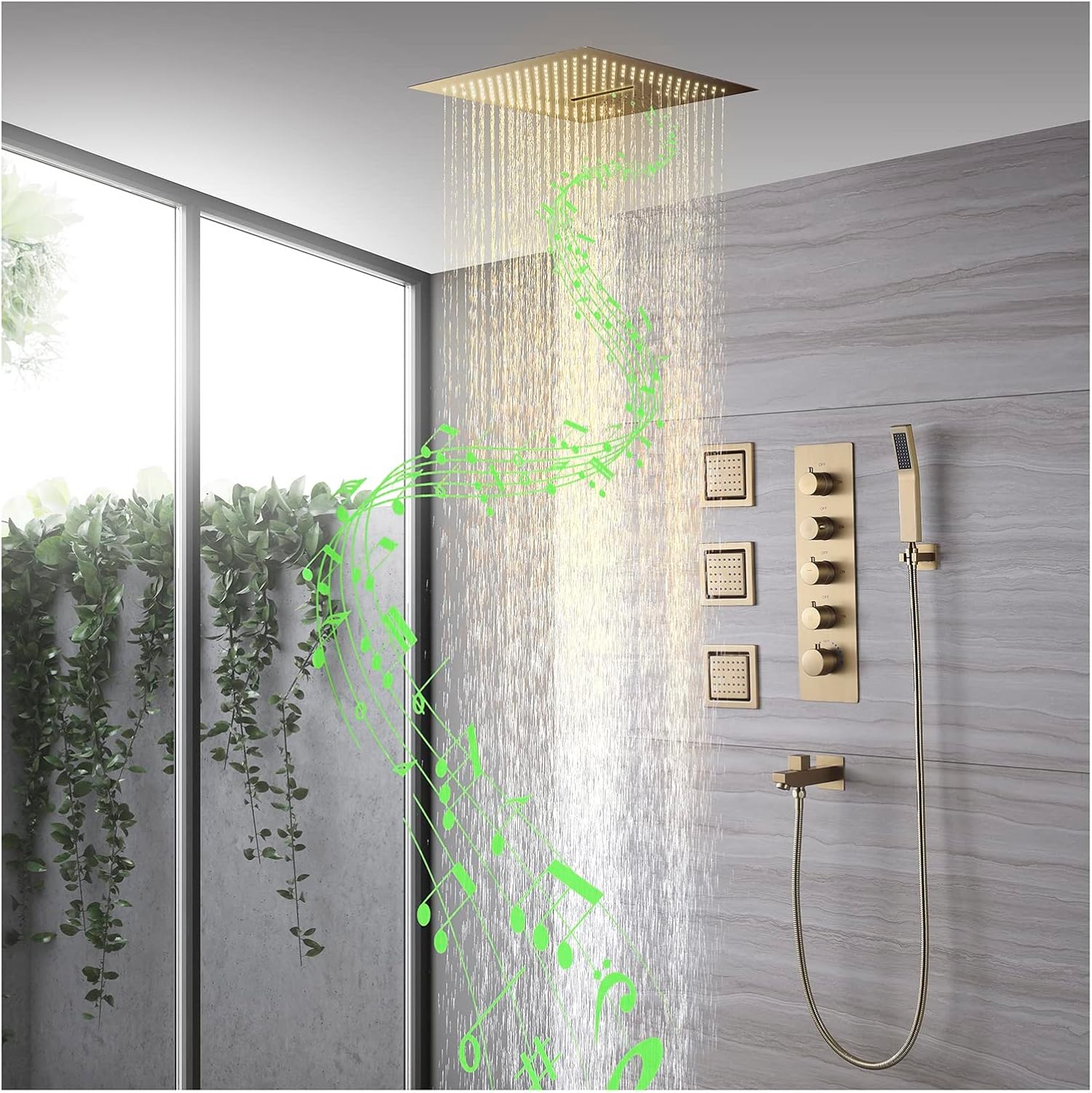 Music Shower System Thermostatic Shower Faucet Set LED 64 Colors Rain Shower Head 5