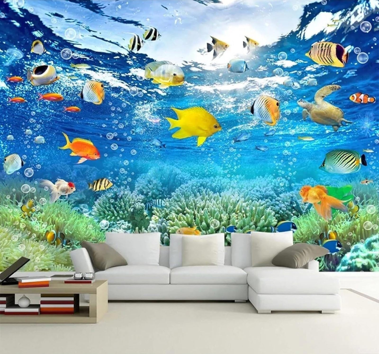 Xlming 250Cm×170Cm(B×H) Fresh Blue Underwater World School Of Fish Coral 3D Wallpaper Luxury Home Dining Decor Paste Sofa Living Room The Wall For Bedroom Mural-250Cm×170Cm