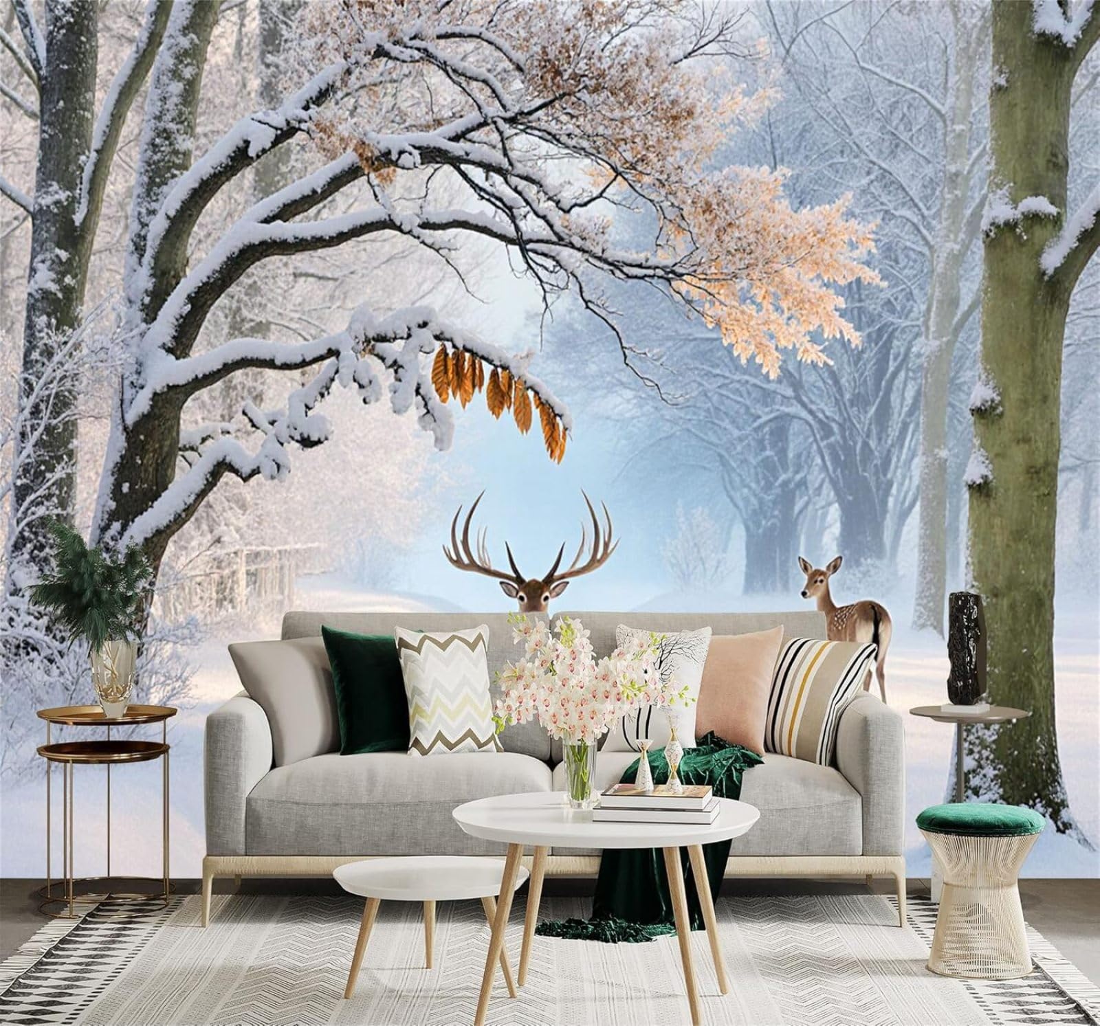 XLMING Winter Forest Deer Path Snowy Landscape 3D Wallpaper Premium Textured Silk Study Dining Living Room Bedroom Sofa TV Wall Easy Install-250cm×170cm