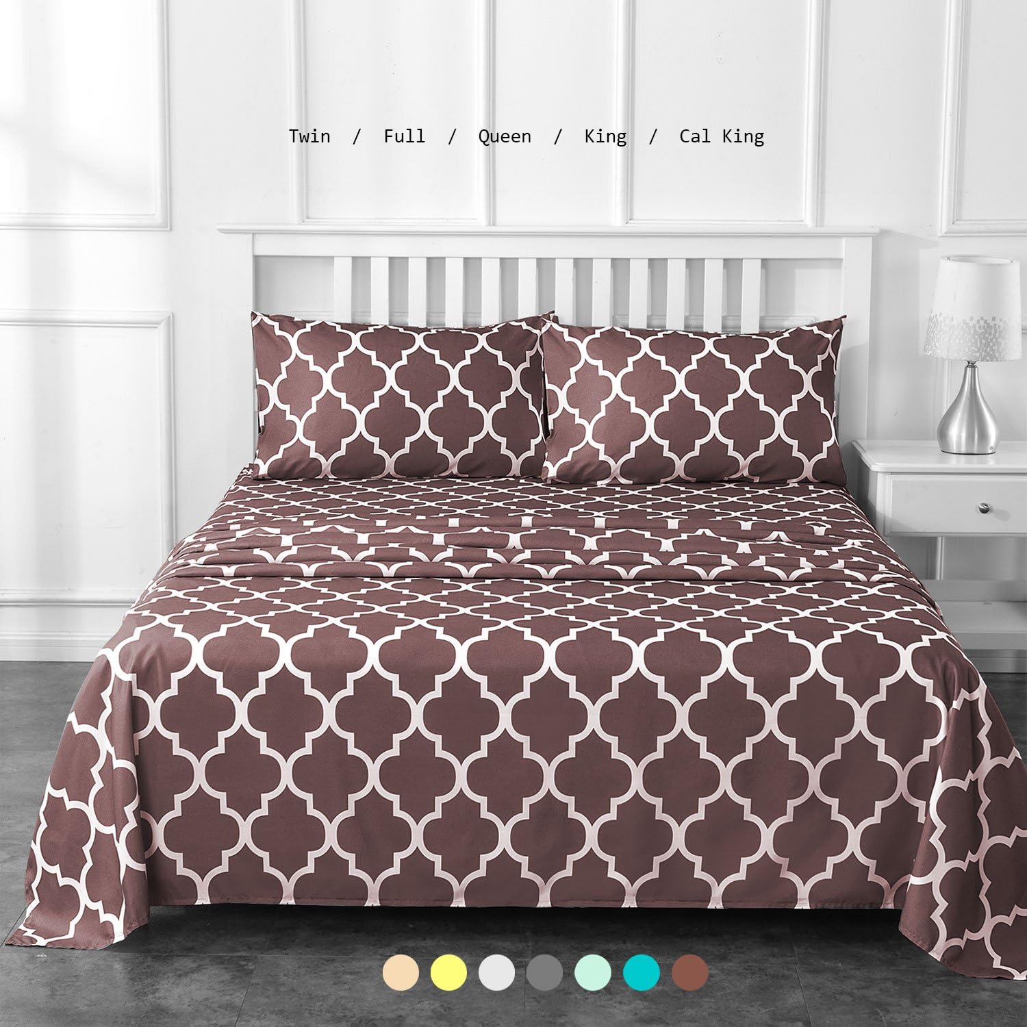 Bed Sheet Set by Prime Bedding - Microfiber Sheet Quatrefoil Pattern - Deep Pocket, Hotel Collection, 4 Piece (Queen, Brown)
