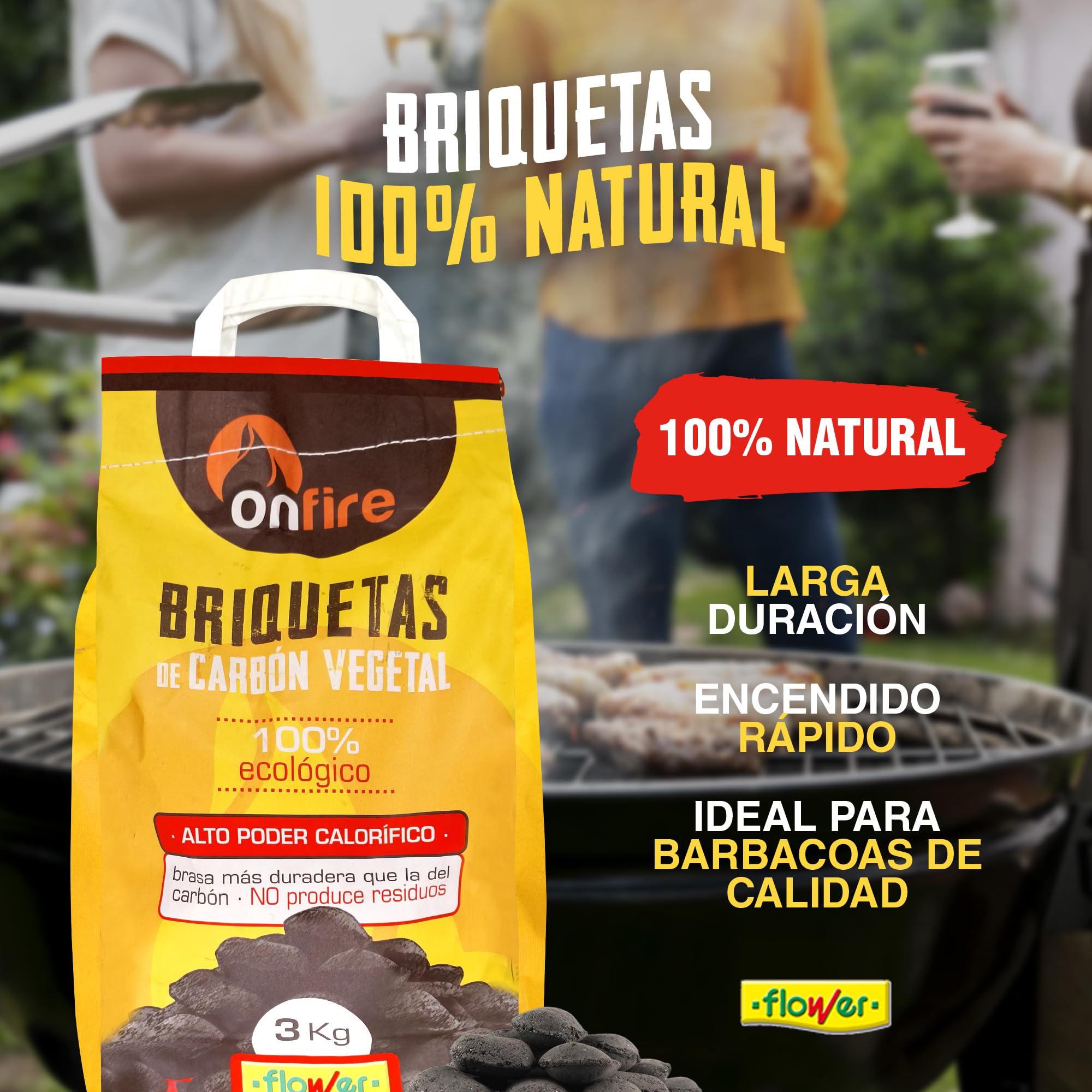 FLOWER Bricchette Carbonio Vegetale Barbecue 100% Naturale 18 KG | Bruci in 20 minuti | Alto potere calorico | Carbone Barbecue, Griglia e Camino senza additivi chimici e minerali